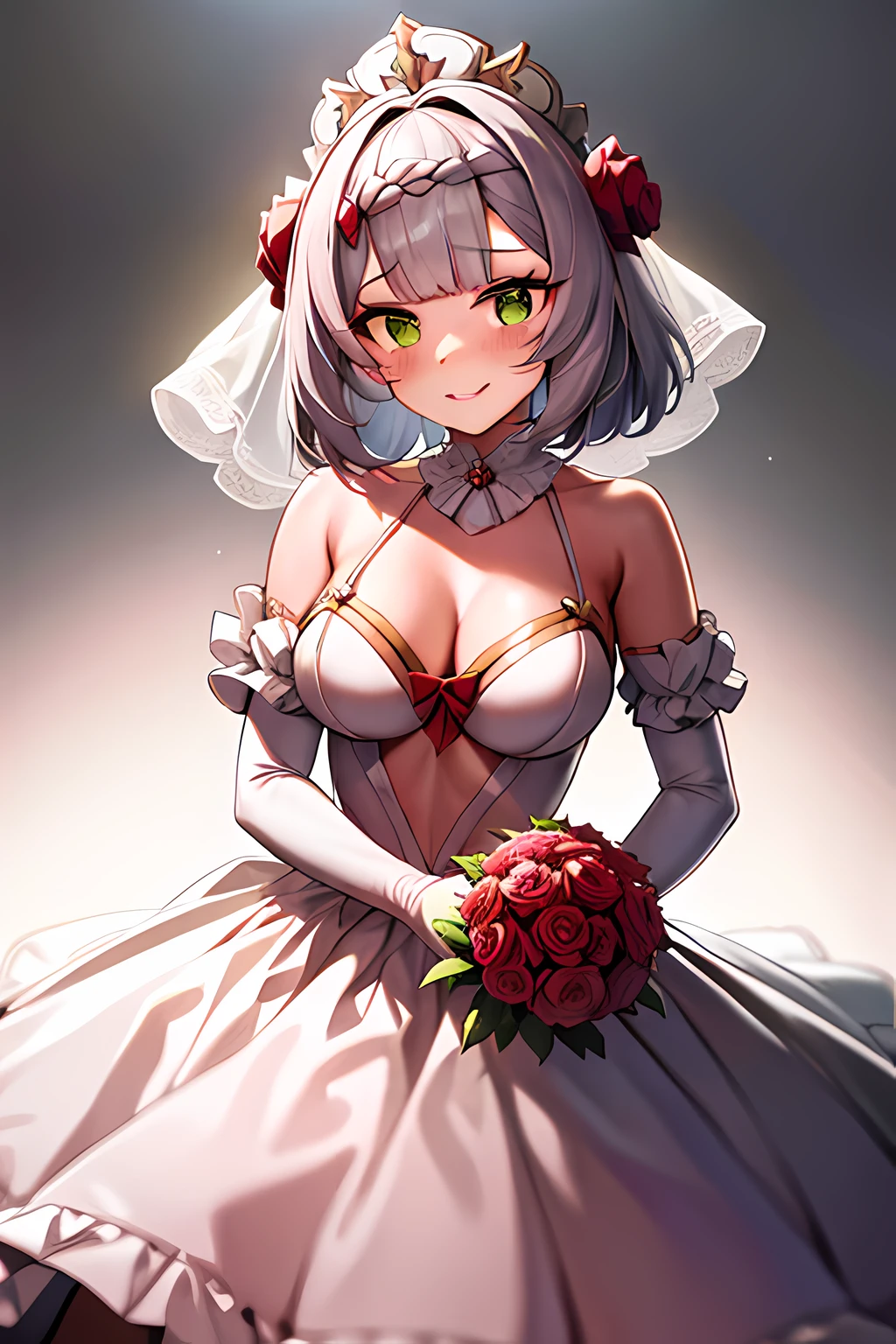 noelle (Genshin Impact),((Masterpiece)), (((Best quality))), ((Ultra-detailed)), ((illustration)), ((Disheveled hair)), ((frilld)), (1 girl), (Solo), Yellow-green eyes , Blush , Bob cut , bow , Clothing, Collar (clothes) , dress, Elbow gloves , Exposed shoulders, Female , flower , Silk gloves, Cross (symbol) hair pin , hair adornments , Holding , holding flower , view the viewer , Red bow, red line, Rose (flower) , Short hair, Smile , string, light yarn, Trailing wedding dress , White gloves , whaite hair, White hand ornaments,