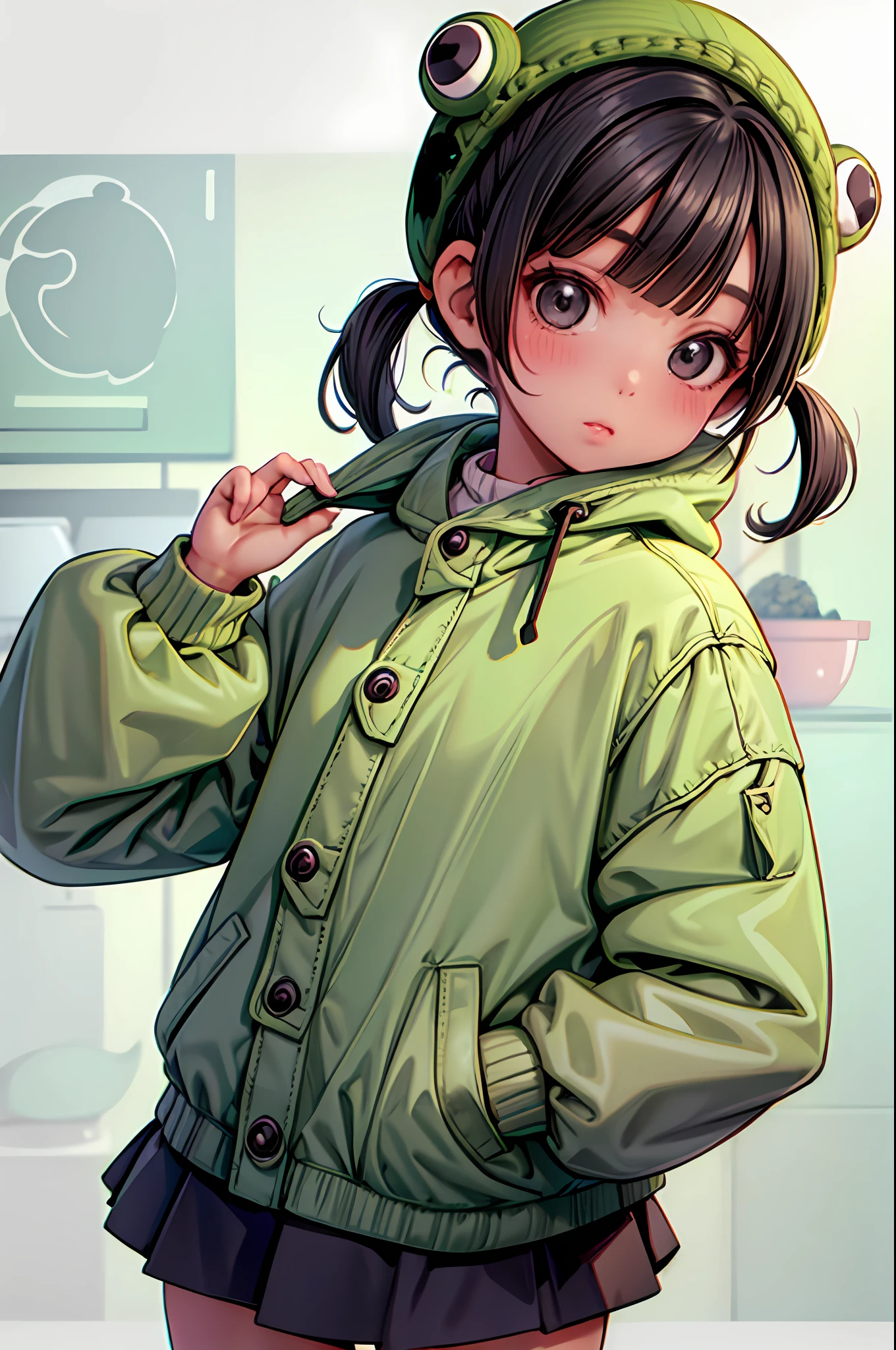 1girl, cute, green, black eyes, black hair, low pigtails and hime bangs, wearing a pastel colored frog hat and a oversized jacket with cargo pockets