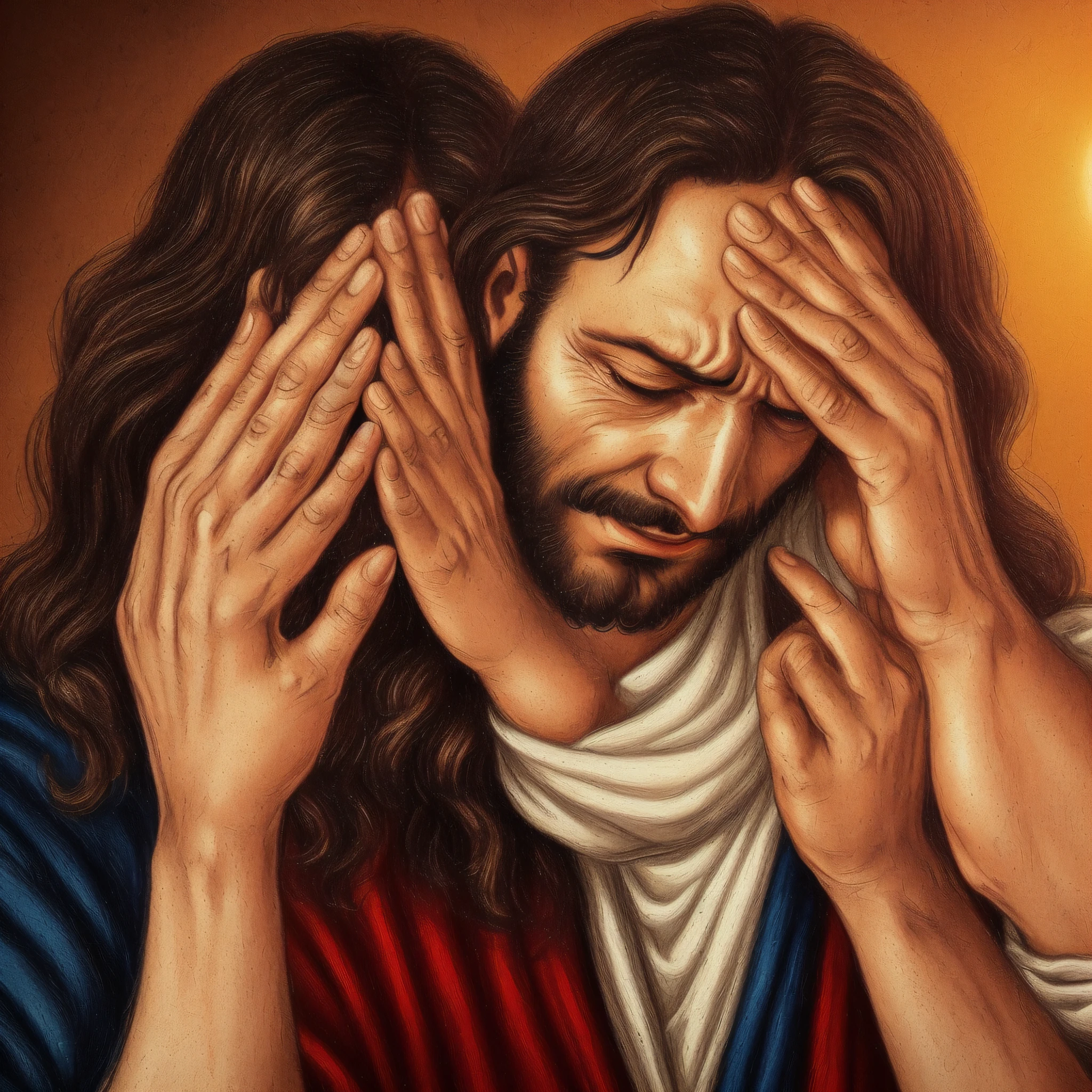 (((Jesus, the Son of GOD is facepalming))) frustrated (extremely detailed CG unity 8k wallpaper, masterpiece, best quality, ultra-detailed),(best illumination, perfect hands, perfect fingers, bright color scheme, (dynamic angle,((one image)),dramatic lighting, darkness, (Jesus),white shroud, holy radiance): : Perfect fingers, perfect hands : wide angle photo, centered focus