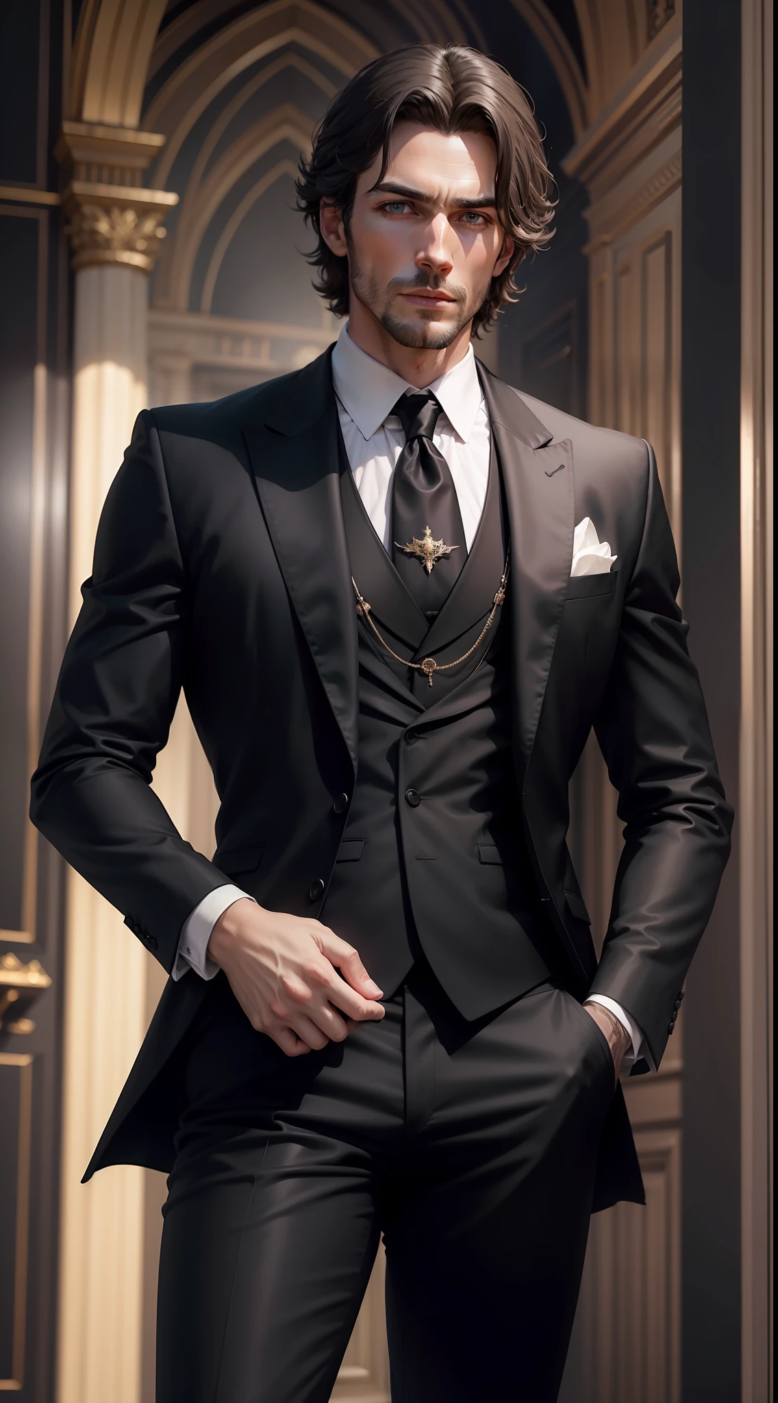 "Magnificent European man in a black suit, arte digital em 8k."