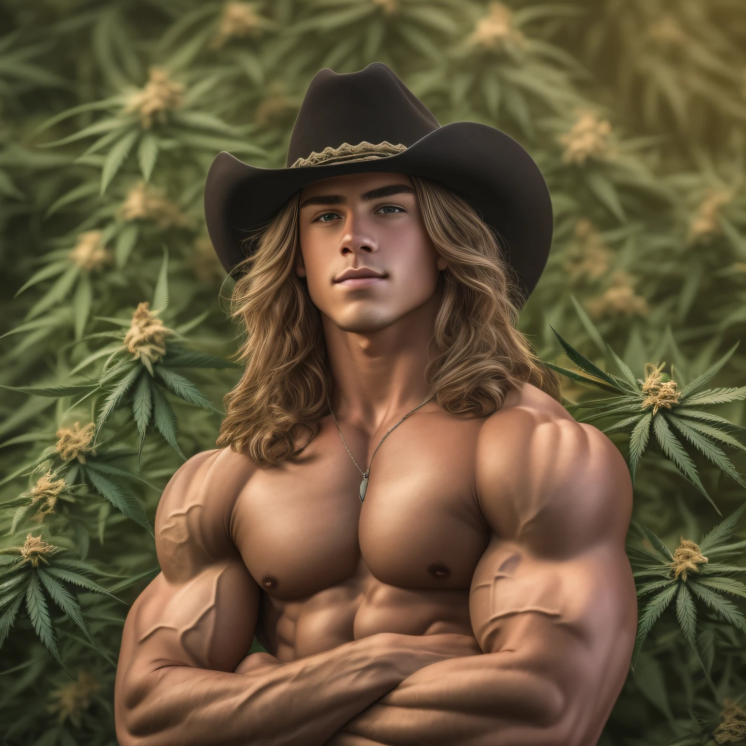 An 18-year-old boy bodybuilder, embodying the perfect fusion of Joey Lawrence and Cody Calafiore with long hair, exuding an aura of strength and confidence. Enhanced with HDR technology, this image depicts a true masterpiece, 4K resolution, cowboy shot, cannabis