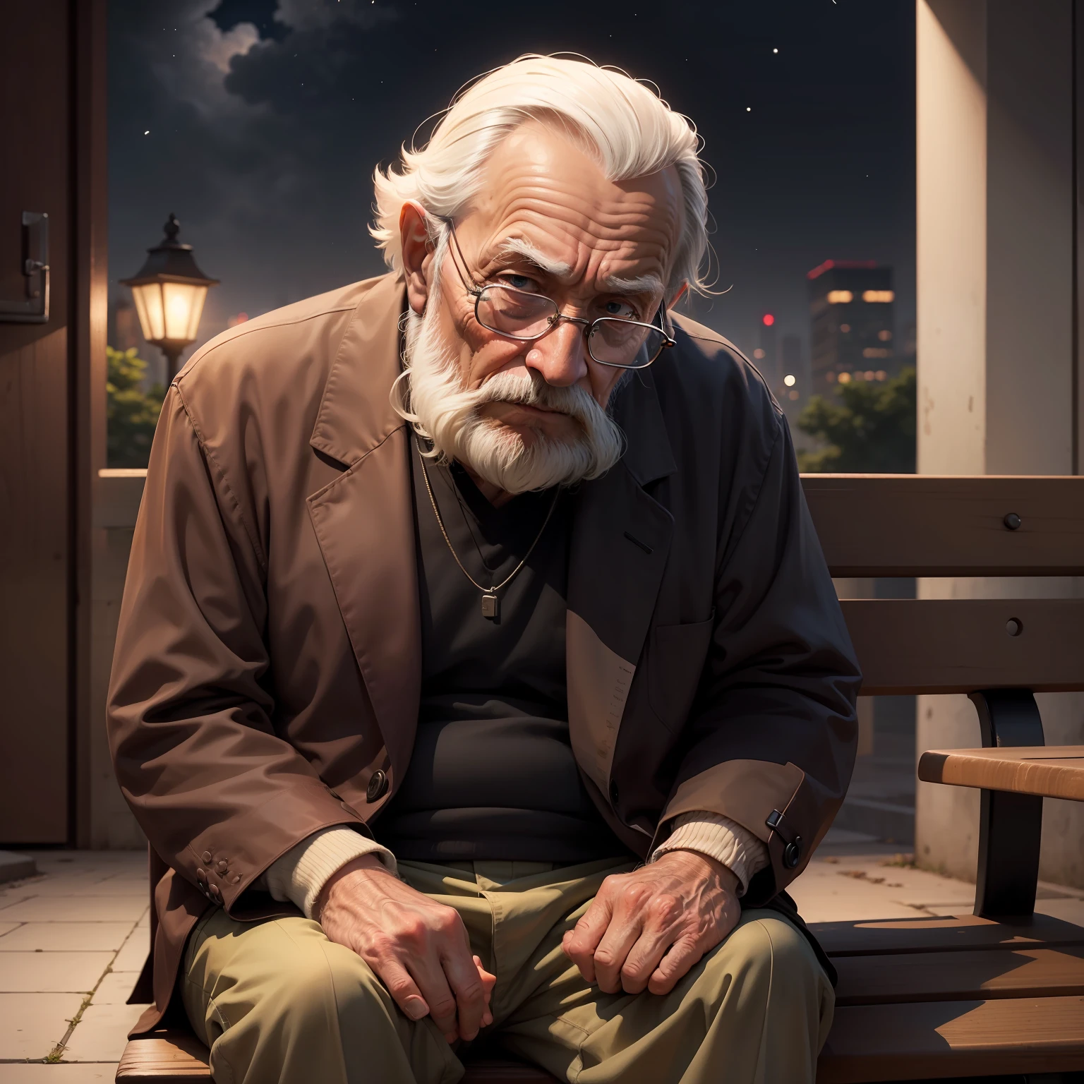 An old man sitting on a square bench at night thinking about the meaning of life