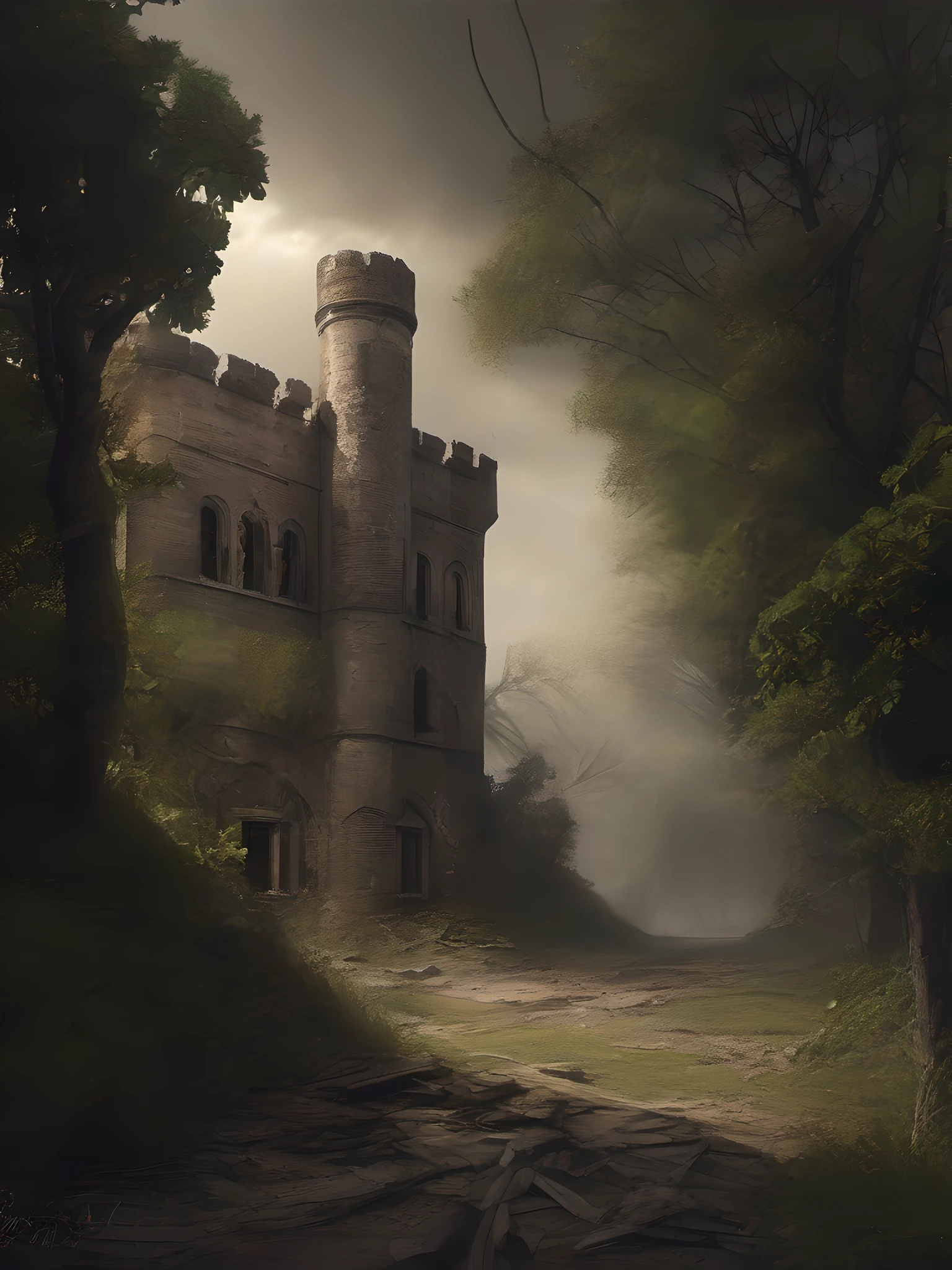 En medio de una noche de tormenta, lightning bolts, (((en la cima de un acantilado escarpado))), The ruins of a dark and majestic castle stand as a haunting reminder of a bygone era...... Its crumbling walls and broken windows reveal a tragic story lost in time. La naturaleza ha comenzado a reclamar la fortaleza abandonada, with ivy-covered towers and trees growing within its walls. abandonado, desolado, tormentoso, tragic, antiguo, desgastado, misterioso, Altamente detallado, foco nítido, Obsesionante, Somber, atmospheric. Arte por Zoltan Boros, Gabor Szikszai y Clint Cearley. Dark and atmospheric illustrations, Post-apocalyptic landscapes. Pintura digital altamente detallada, foco nítido, Acabado mate, Dark and gloomy lighting.
