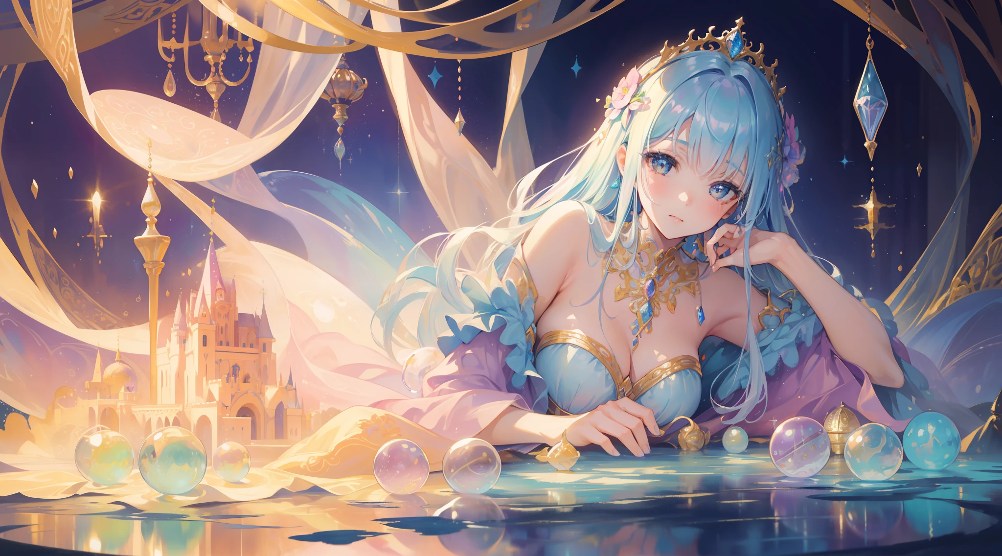 masterpiece, best quality, 8k resolution, sharp focus, intricate detail, beautiful girl, sparkling eyes, golden ratio face, otherworldly liquid, watercolor, ((pastel colors)), bright colors, whimsical, colorful, sharp focus, high resolution, fine detail, princess fantasy ballgown, ((round eyes)), iridescent bubbles, castle landscape in background