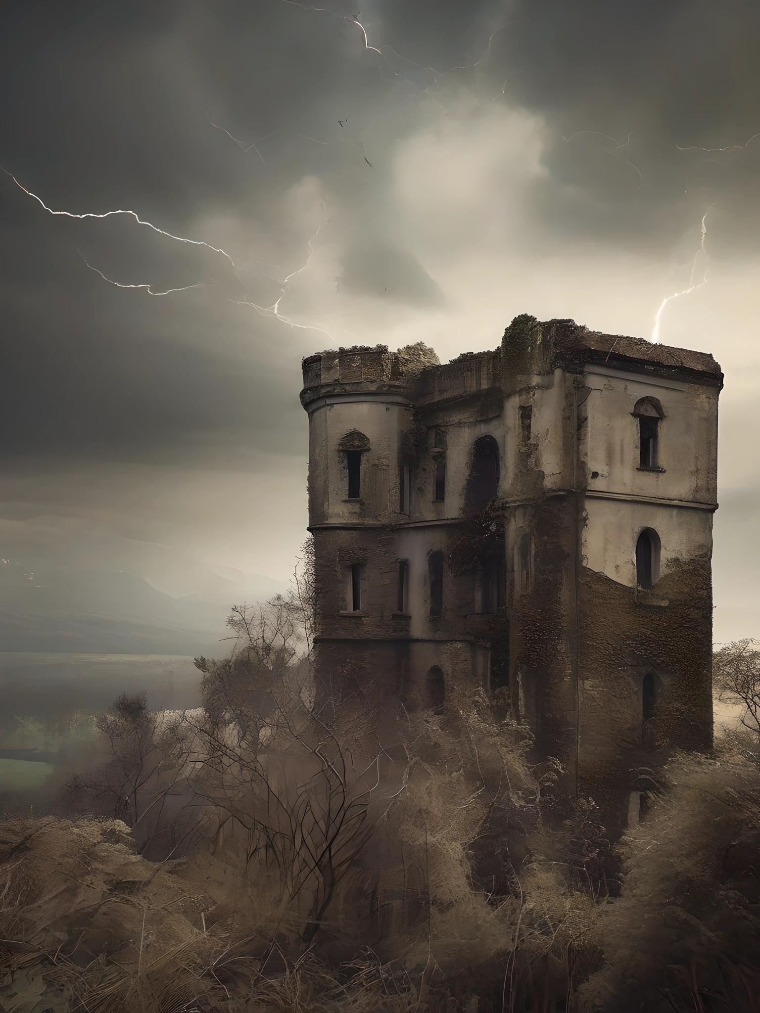 En medio de una noche de tormenta, lightning bolts, (((en la cima de un acantilado escarpado))), The ruins of a dark and majestic castle stand as a haunting reminder of a bygone era...... Its crumbling walls and broken windows reveal a tragic story lost in time. La naturaleza ha comenzado a reclamar la fortaleza abandonada, with ivy-covered towers and trees growing within its walls. abandonado, desolado, tormentoso, tragic, antiguo, desgastado, misterioso, Altamente detallado, foco nítido, Obsesionante, Somber, atmospheric. Arte por Zoltan Boros, Gabor Szikszai y Clint Cearley. Dark and atmospheric illustrations, Post-apocalyptic landscapes. Pintura digital altamente detallada, foco nítido, Acabado mate, Dark and gloomy lighting.