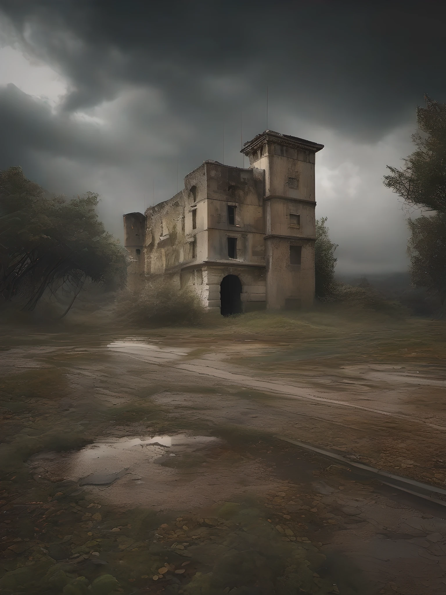 En medio de una noche de tormenta, lightning bolts, (((en la cima de un acantilado escarpado))), The ruins of a dark and majestic castle stand as a haunting reminder of a bygone era...... Its crumbling walls and broken windows reveal a tragic story lost in time. La naturaleza ha comenzado a reclamar la fortaleza abandonada, with ivy-covered towers and trees growing within its walls. abandonado, desolado, tormentoso, tragic, antiguo, desgastado, misterioso, Altamente detallado, foco nítido, Obsesionante, Somber, atmospheric. Arte por Zoltan Boros, Gabor Szikszai y Clint Cearley. Dark and atmospheric illustrations, Post-apocalyptic landscapes. Pintura digital altamente detallada, foco nítido, Acabado mate, Dark and gloomy lighting.