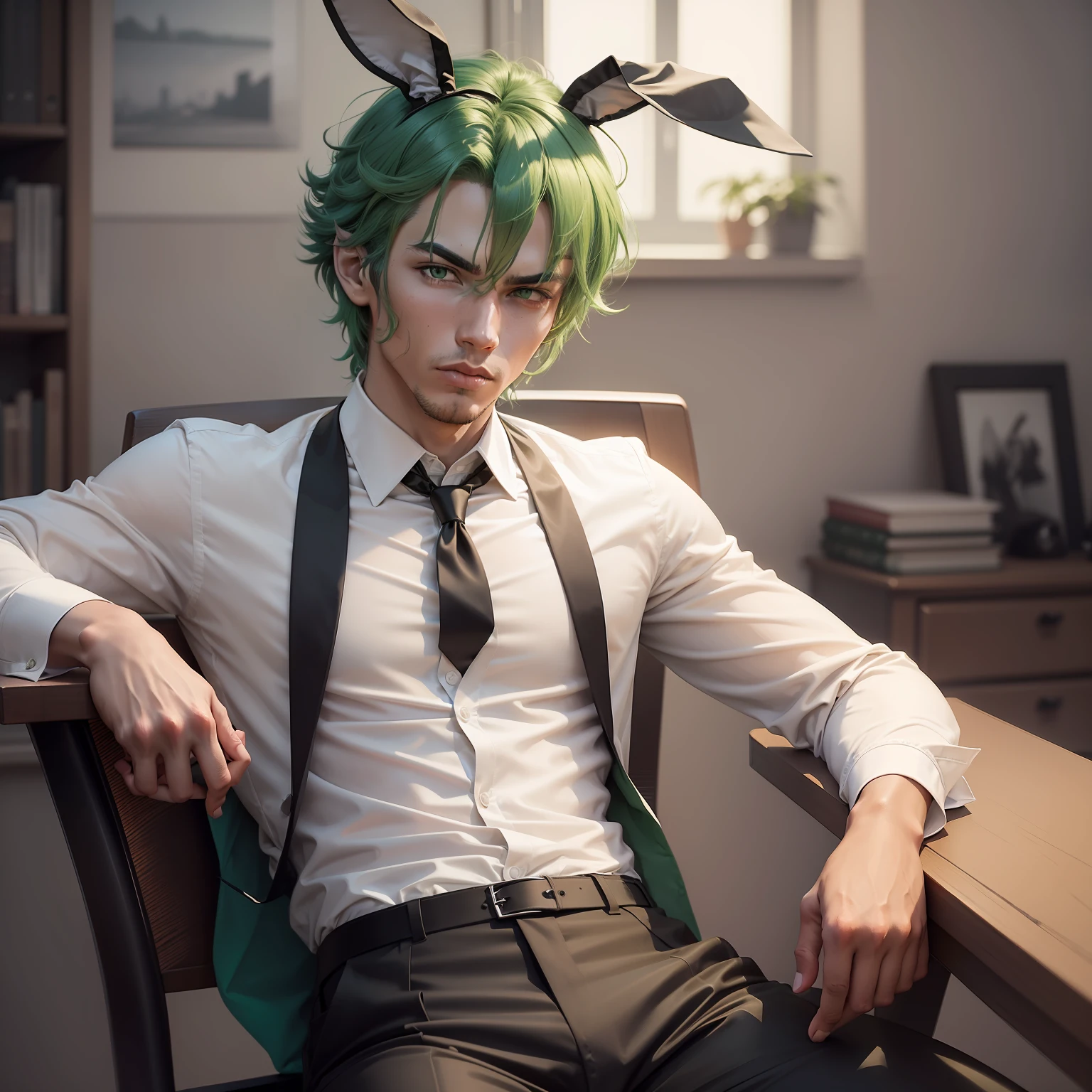 A man with green hair and long bunny ears, green ears, scowl, light brown skin, white shirt and a black tie, black pants, sitting on a chair with his legs stretched out