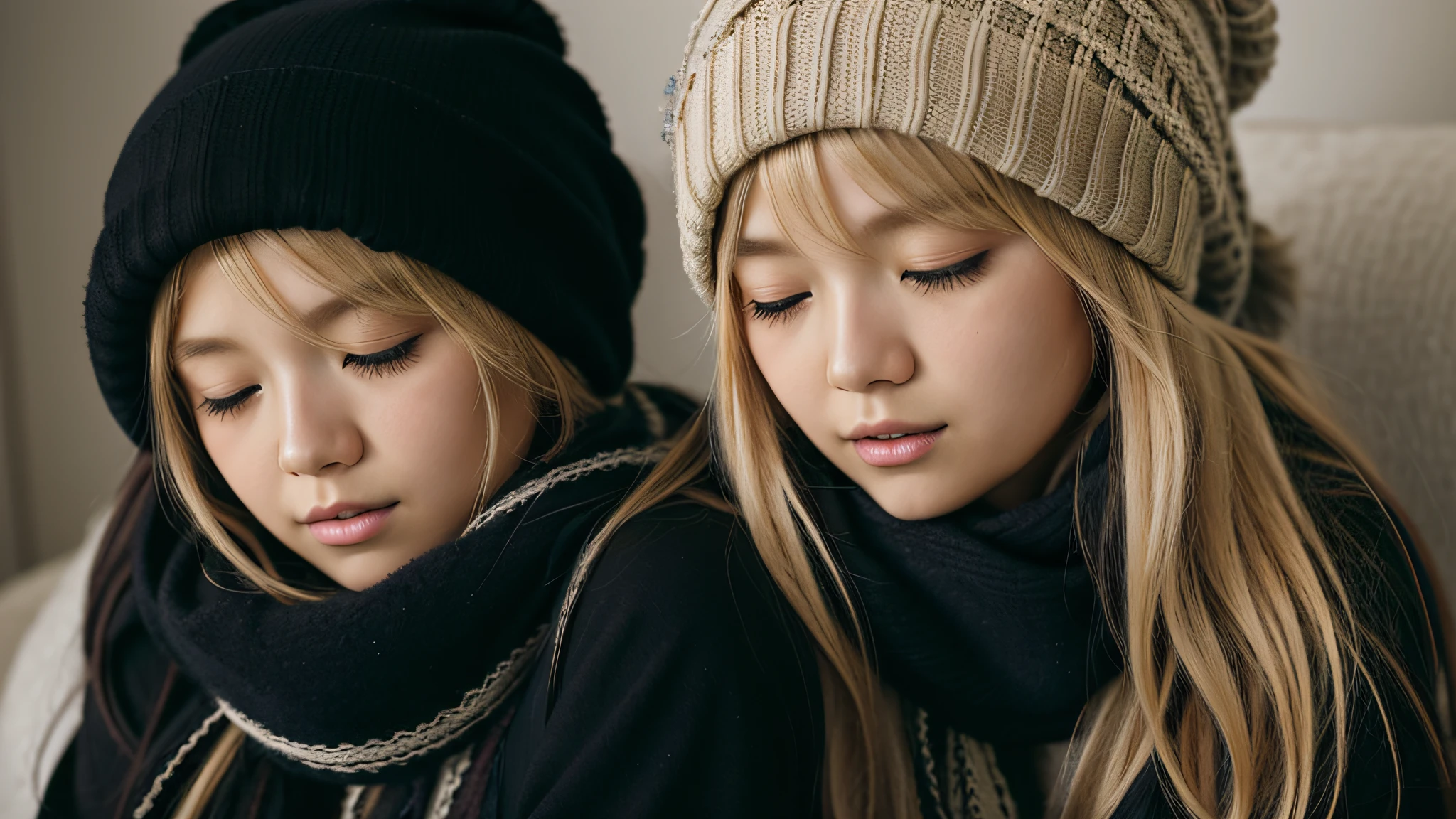GIRL BLONDE CHILD with long hair wearing a scarf and a hat, sleepy fashion model face, sleepy, sleepy expression, Marisa Kirisame, wearing cute black scarf, prettier, sleeping, sick with a cold, Lalisa Manobal, Misa Amane*, very tired woman, sleeping, Takeyuki Kanda, Lalisa Manoban of blackpink