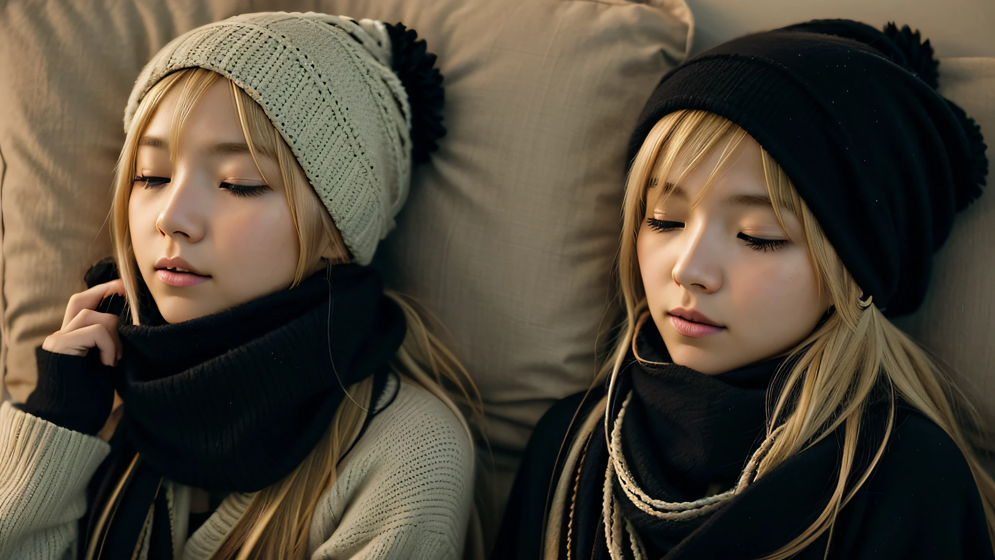 GIRL BLONDE CHILD with long hair wearing a scarf and a hat, sleepy fashion model face, sleepy, sleepy expression, Marisa Kirisame, wearing cute black scarf, prettier, sleeping, sick with a cold, Lalisa Manobal, Misa Amane*, very tired woman, sleeping, Takeyuki Kanda, Lalisa Manoban of blackpink
