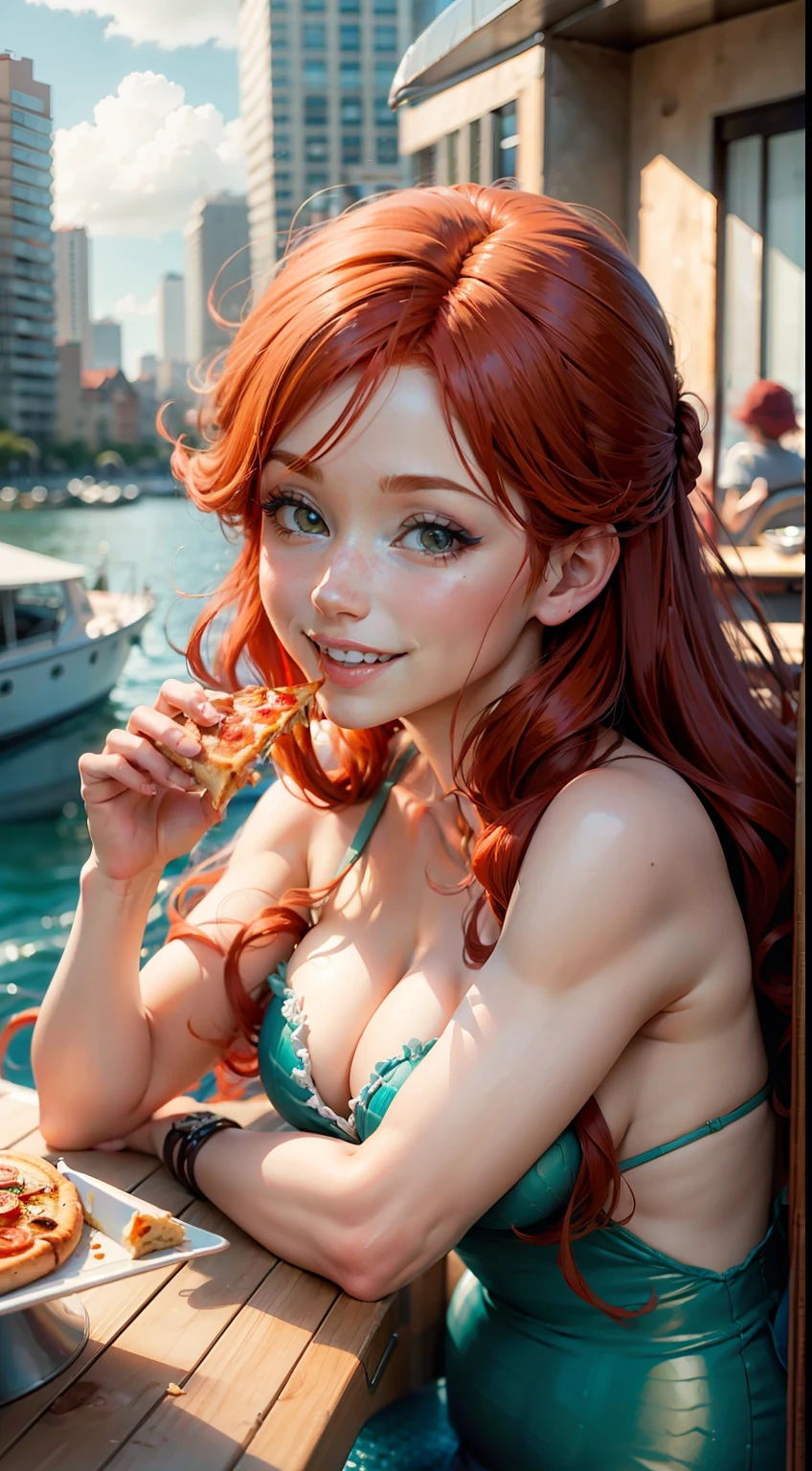 HD masterpiece, redhead mermaid eating pizza on a boat, looking smiling, animated anime.