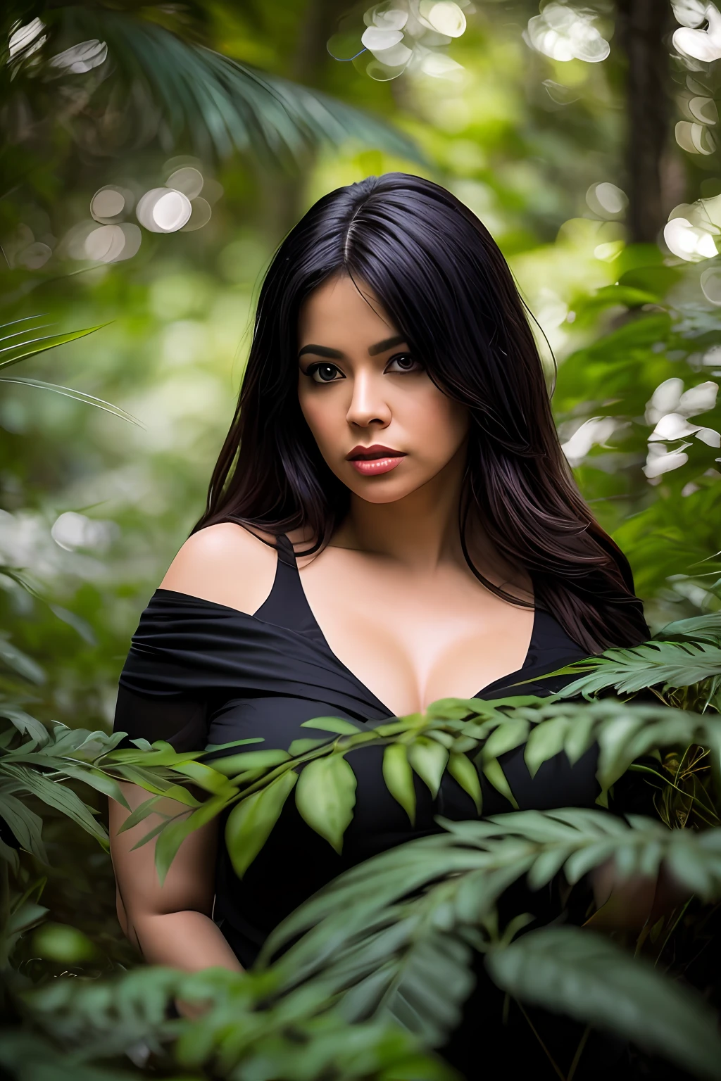 a 55-year-old woman, gordita, (((con papada))), ((plus size)), piel morena, morena, (((Cabello medio largo y lacio color muy negro))), apariencia de 120kg, (((Bokeh))), Ropa elegante color verde oliva, jungle background, Amazon rainforest in the background. Foto ultra realista, (((Super realistic photography))), Foto de estilo editorial, (((Poros))), (((Photo taken with Canon R5 camera))) , Bosque de invierno, textura natural de la piel, 24mm, Texturas 4K, soft cinematic light, foto RAW, fotorrealismo, fotorrealista, intrincado, (((bokeh))), elegante, Altamente detallado, foco nítido, ((((cinematic look)))), tonos relajantes, detalles locos, Detalles intrincados, hiperdetallado, bajo contraste, soft cinematic light, colores tenues, exposure blending, descolorido