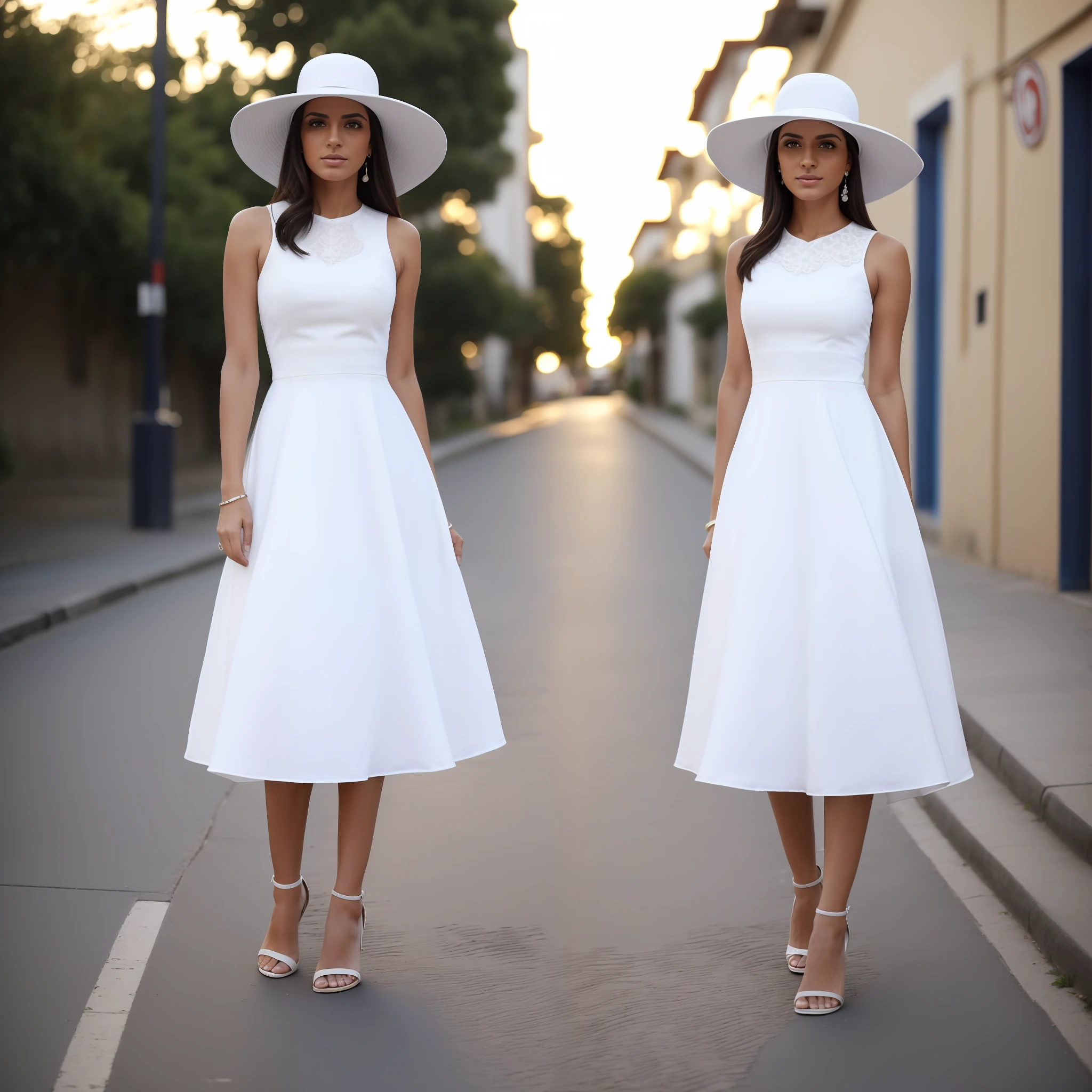 Mulher loira, magra, alta, vestido branco, 30 anos, white hat, on sidewalk, imagem urbana, por do sol, hora dourada, olhos azuis, sapato alto, olhar misterioso, cabelos longos, ulra realista,  4k, lente 85mm f 1.2, canon