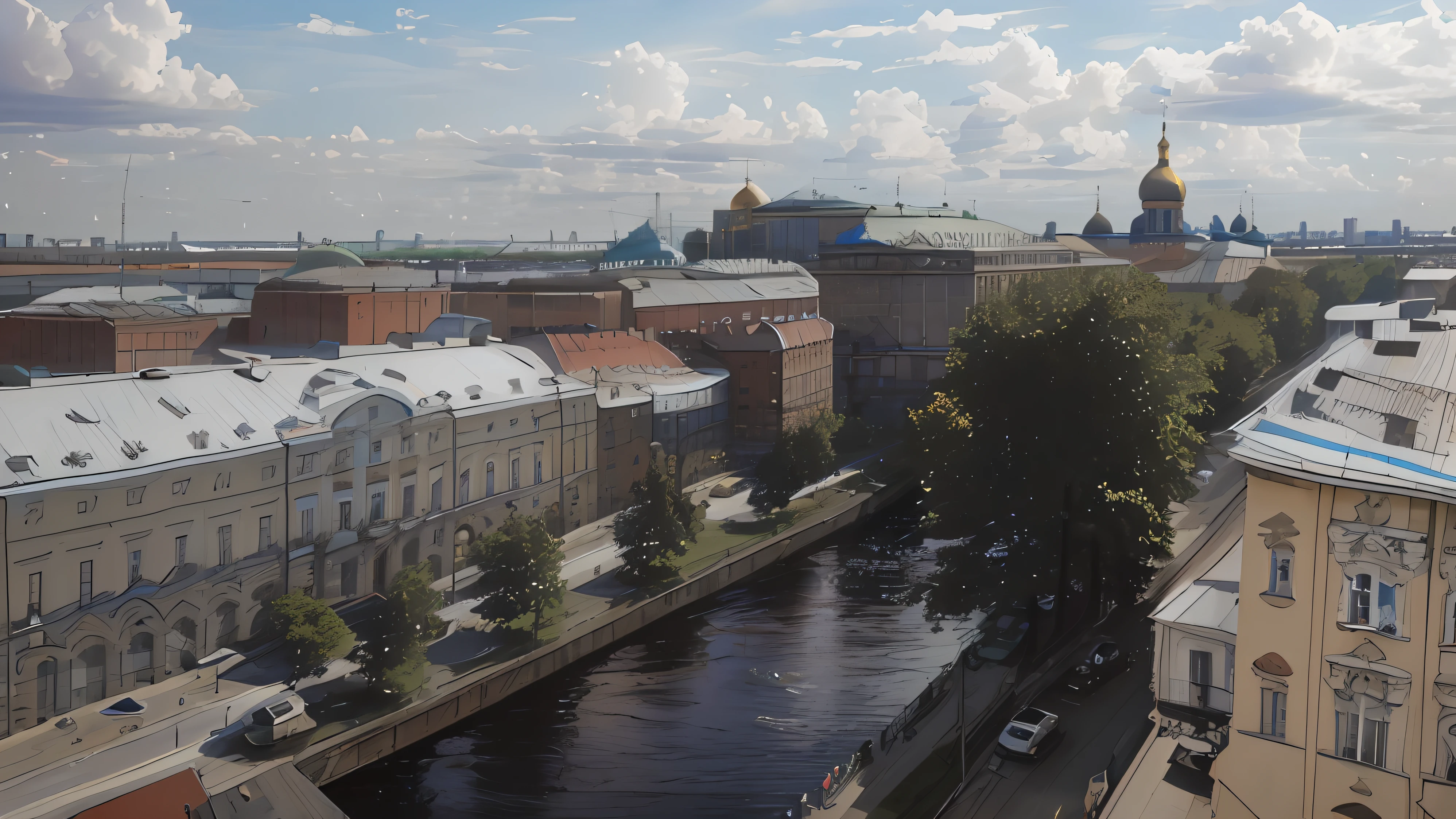 View of the city from the window of the building, saint petersburg, A building along the river, The photo was taken from afar, russian city, surrounding the city, by Serhii Vasylkivsky, Shot with a professional camera, River in the background, side-view, letho