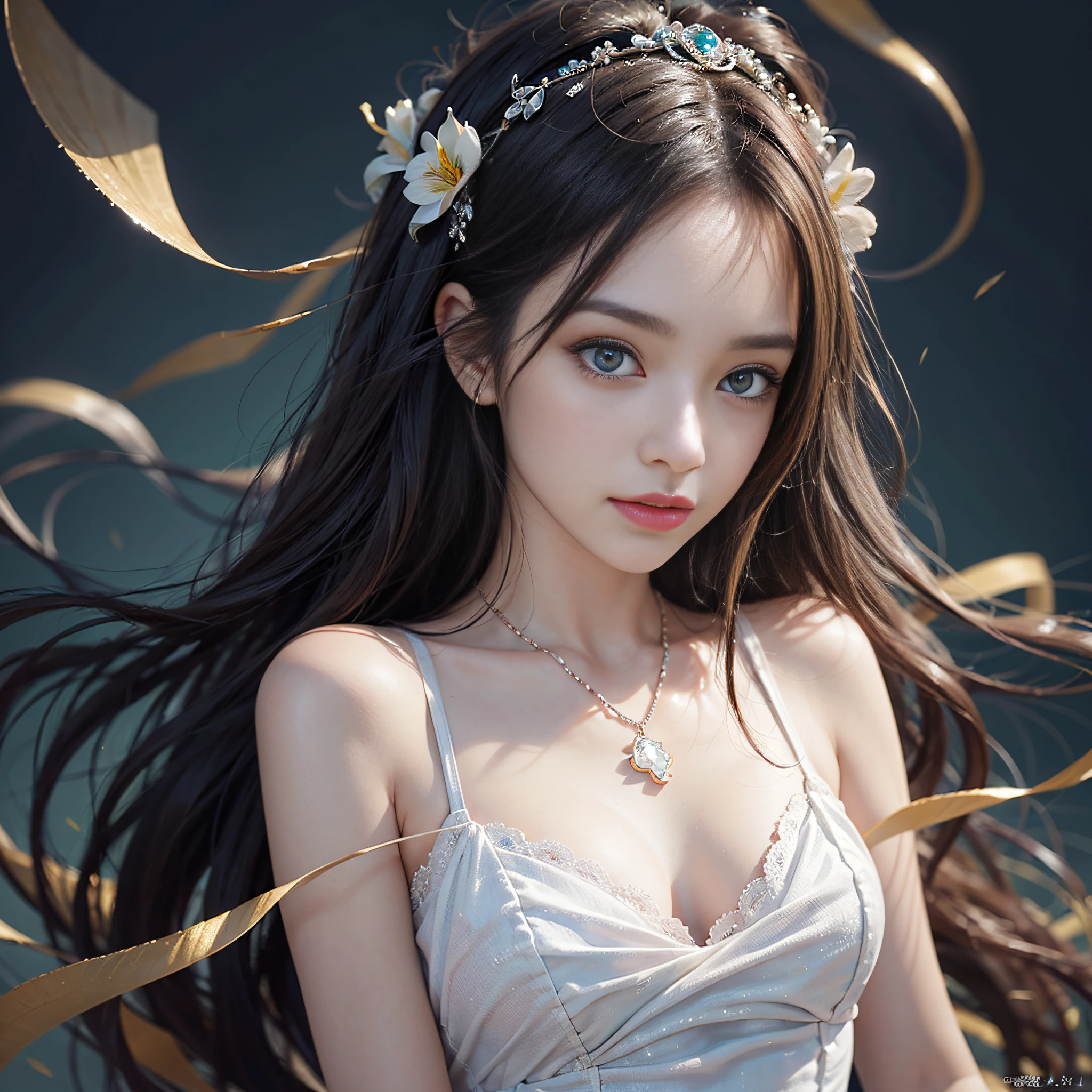 (masterpiece)、(top-quality)、(Realistic)、Charming daughter、Portrait of a beautiful girl、1girl in、Transparent eyes、beautiful finely detailed eyes、Glitter eyes、Glowing eyes、face perfect、Perfect eyes、Perfect iris、Perfect lips、perfect teeth、flawless skin、Beautiful nose、Beautiful mouth、Pretty lips、Fine-grained skin、portrait shooting、Professional artwork、in 8K、Photorealsitic、long-one-piece dress、Elegant face、perfect anatomia、Perfect female body:1.4、Ultra-realistic painting:1.4、Ultra-precision painting:1.4、nffsw:1.4、corporate offices、Raw photography、a necklace、耳Nipple Ring、goddes、Fantastical、