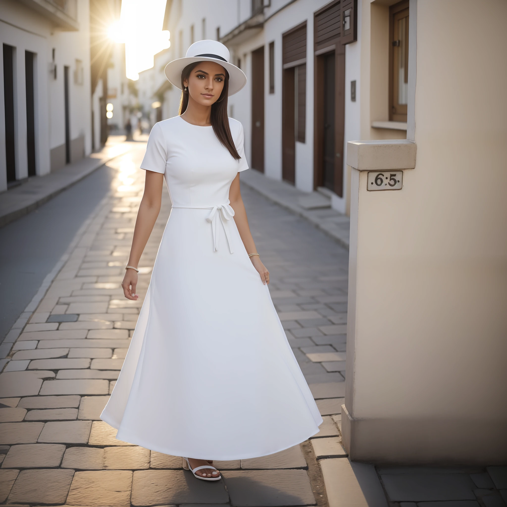 Mulher loira, magra, alta, vestido branco, 30 anos, white hat, on sidewalk, imagem urbana, por do sol, hora dourada, olhos azuis, sapato alto, olhar misterioso, cabelos longos, ulra realista,  4k, lente 85mm f 1.2, canon