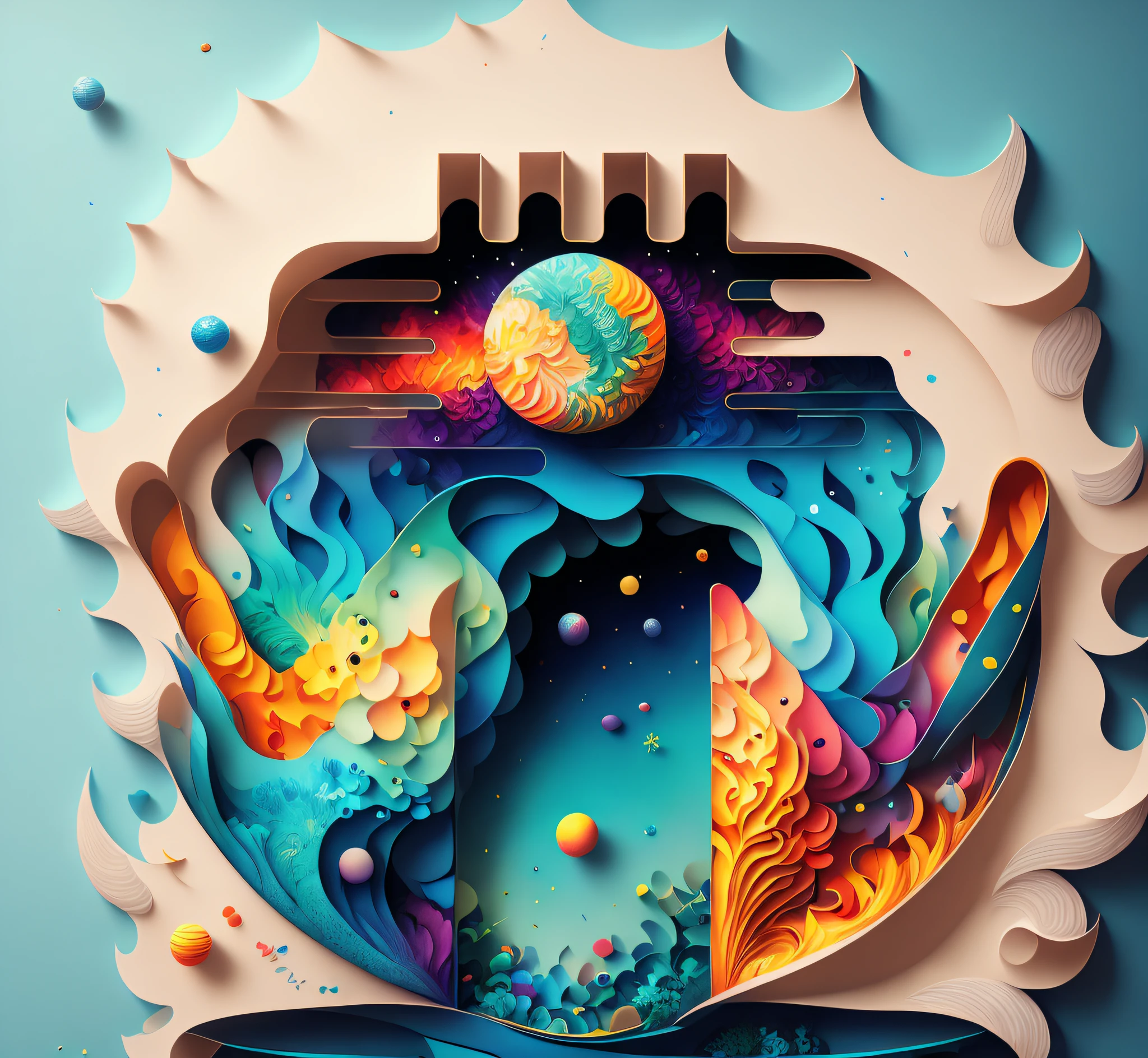 bunte Scherenschnittkunst eines Fisches und eines Planeten, Komplizierte 3D-Illustration, Jen Bartel, a beautiful artwork illustration, bunte Illustration, Epische 3D-Illustrationen, Bunte Illustration, Redaktionelle Illustration bunt, stilisierte digitale Illustration, Trend zu Behance 3D-Kunst, Trend zu Behance 3D-Kunst, Kilian Eng Lebendige Farben, Abstraktes 3D-Kunstwerk