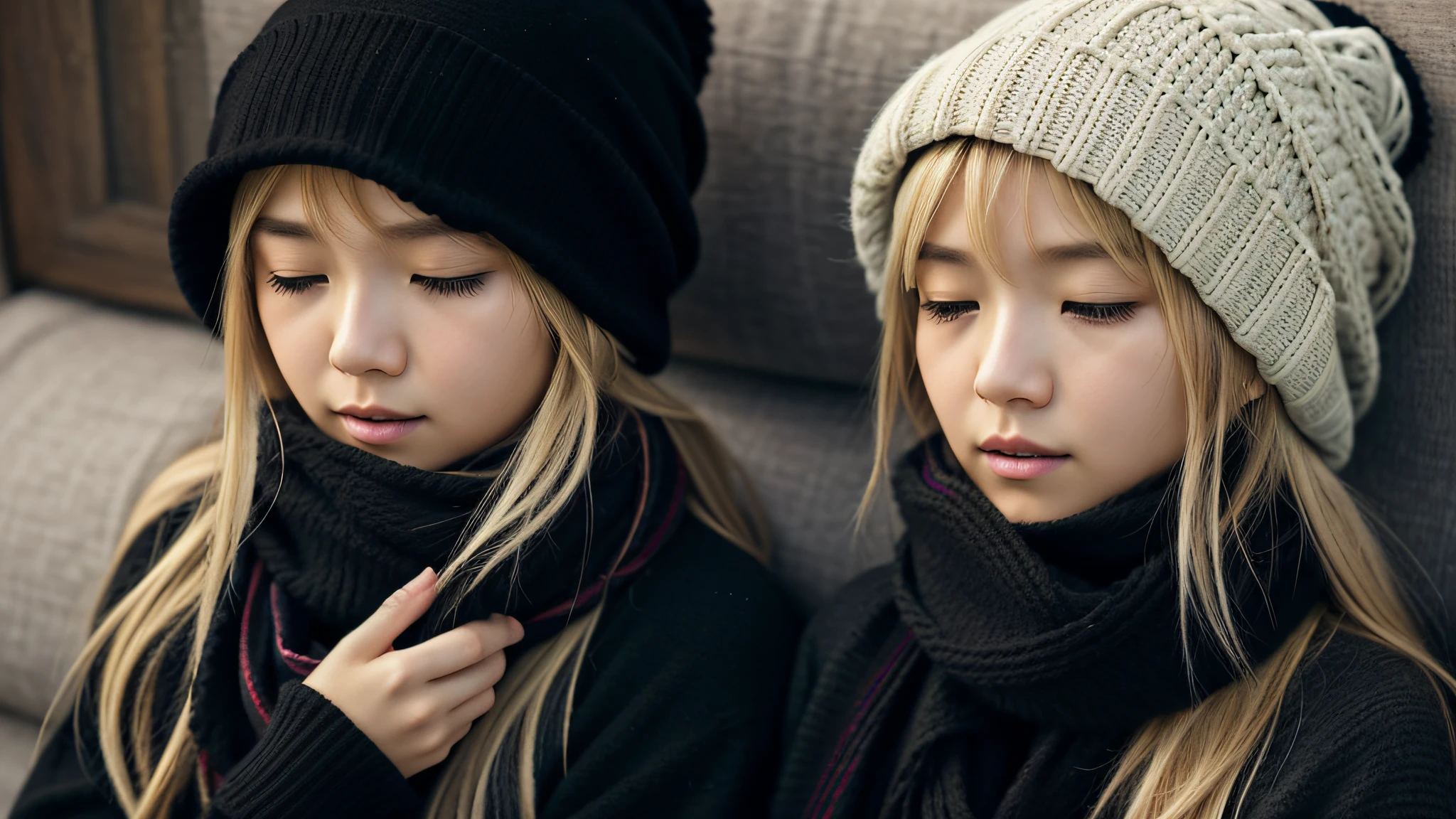 GIRL BLONDE CHILD with long hair wearing a scarf and a hat, sleepy fashion model face, sleepy, sleepy expression, Marisa Kirisame, wearing cute black scarf, prettier, sleeping, sick with a cold, Lalisa Manobal, Misa Amane*, very tired woman, sleeping, Takeyuki Kanda, Lalisa Manoban of blackpink