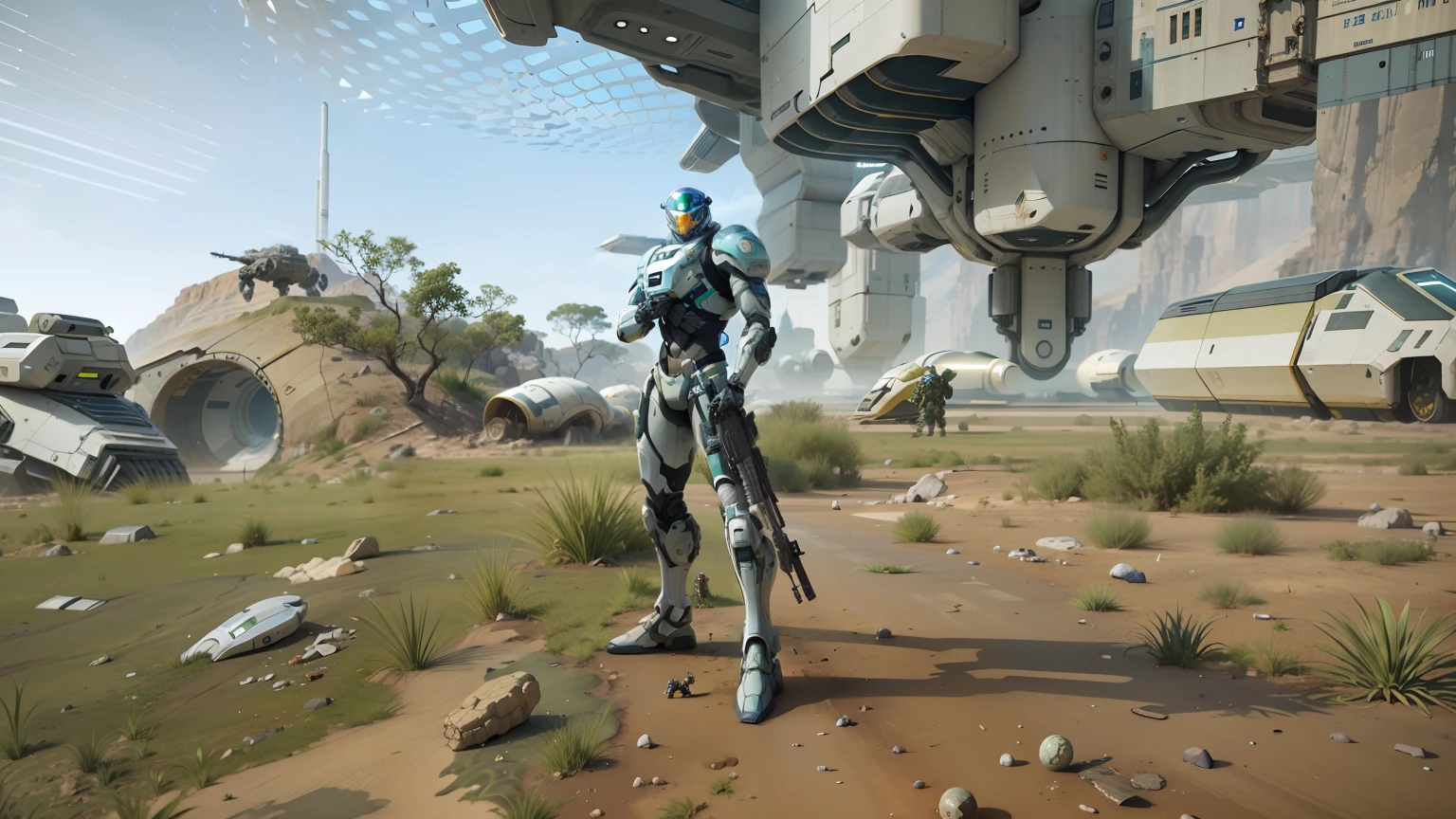 The image of Arad standing in front of a spaceship with a man in a futuristic suit, clothed in sci-fi military armor, discarded mechsuit in background, With a sci-fi rifle, space soldier on mars with a gun, Wearing sci-fi armor, with futuristic gear and helmet, sci-fi soldier, standing in wasteland, a beautiful detailed orixa
