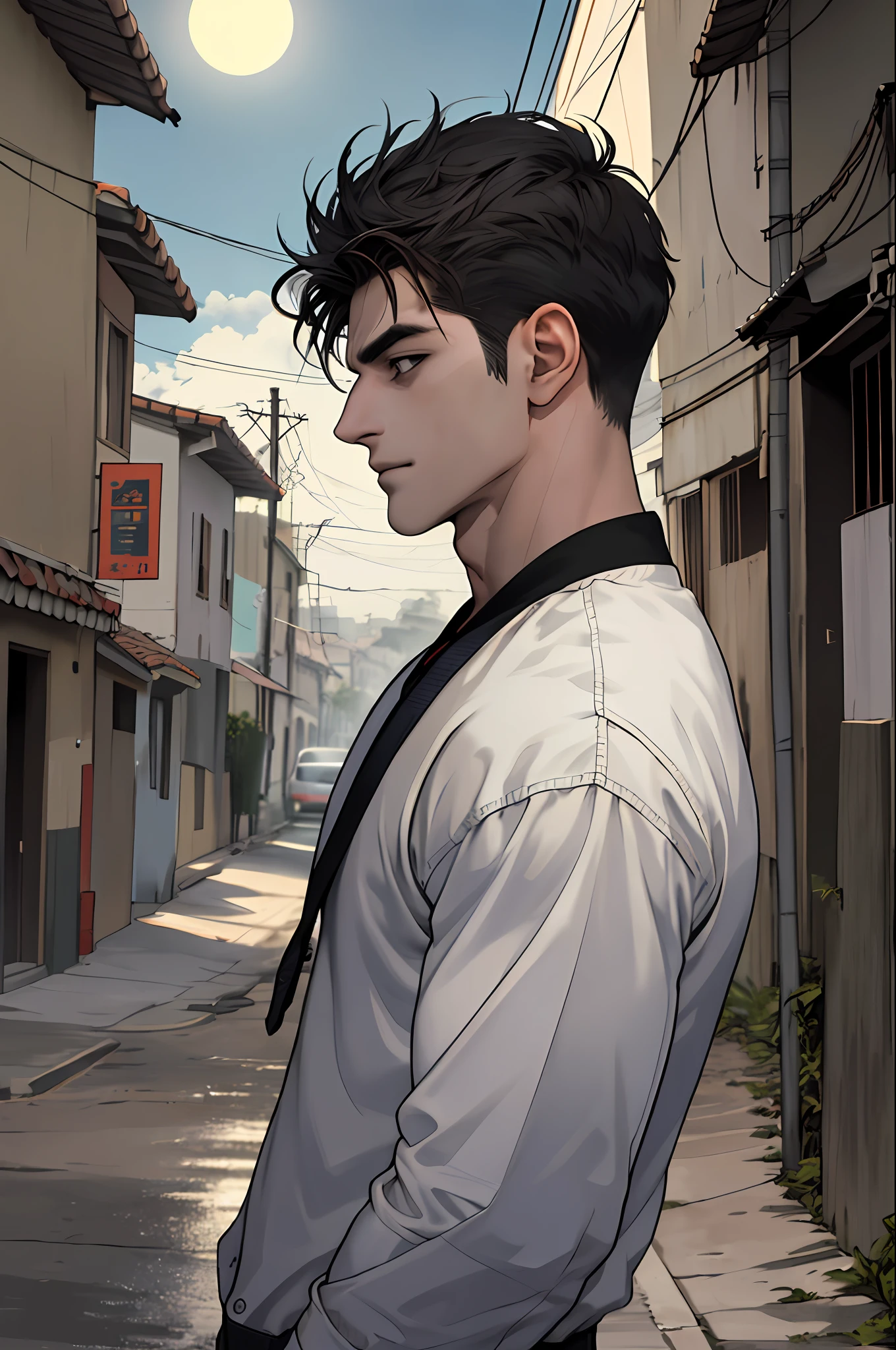 1man, obra-prima, melhor qualidade, ultra high-resolution, twilights, paisagem urbana, profundidade de campo, short black messy hair, solo masculino, 5k