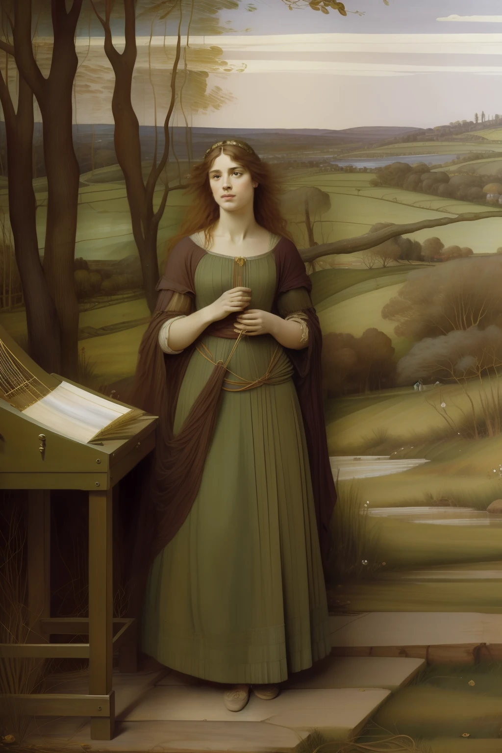 cabelo loiro natural. (((Pre Raphaelie Painting))) fiar, tecer, tear, roca, mulheres loiras, Princesas, celtic spinning, weaving, loom, spinning wheel, blonde women, Princesses, large ash tree, Celtic symbol