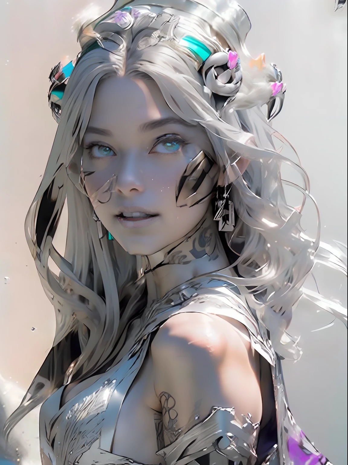 Ultra-detailed complex 3D rendering of the face, (masterpiece, top quality, octane rendering,), glamour shots full body image, very beautiful young elves, cleavage, (highly detailed skin: 1.2), (exposure: 1.1), ((blue micro bikini: 1.95)))). , 8k, (((very soft breasts)), (((conspicuous large pink areola)), beautiful Caucasian woman with white skin with full soft breasts with big buttocks, one, long braided hair, big breasts, dynamic angles, (((huge breasts: 2.4)), ultra-realistic photos, ((((((silver hair)))), futuristic urban background, facial muscles, (((((detailed and glamorous silver crown)))), In the style of Marvel Comics, ArtStation Trends, Clear Focus, Intricate Details, Very Detailed, Detailed Green Eyes, Sharp Focus, Digital Rendering, Professional, Abs, Lip Gloss, Glossy Skin, Sexy Pose, Golden Tattoo All Over Body, Silver Pattern All Over Body, Silver Lame Skin, Gold Glitter Skin, Mansuji, Buttocks, Jeweled All Over the Body, with silver scales, silver hair,