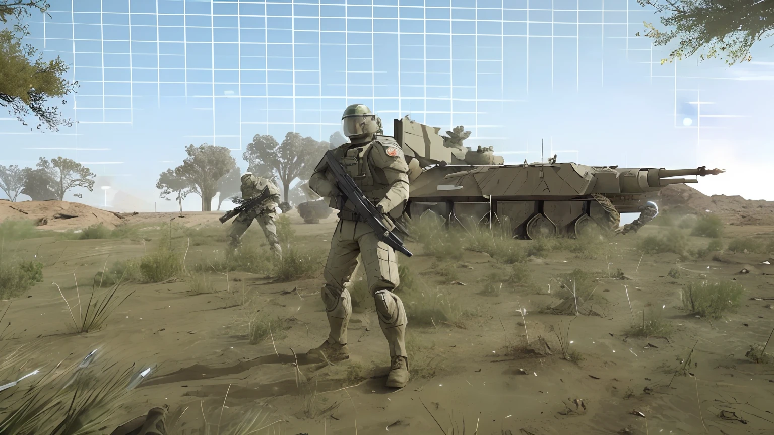 Arafad soldiers stand in the field，In the background is a tank, clothed in sci-fi military armor, futuristic soldier, sci-fi soldier, future soldier clothing, standing in wasteland, discarded mechsuit in background, space soldier on mars with a gun, combat mech clothes, with cryengine, soldiers and mech fight, battle garment