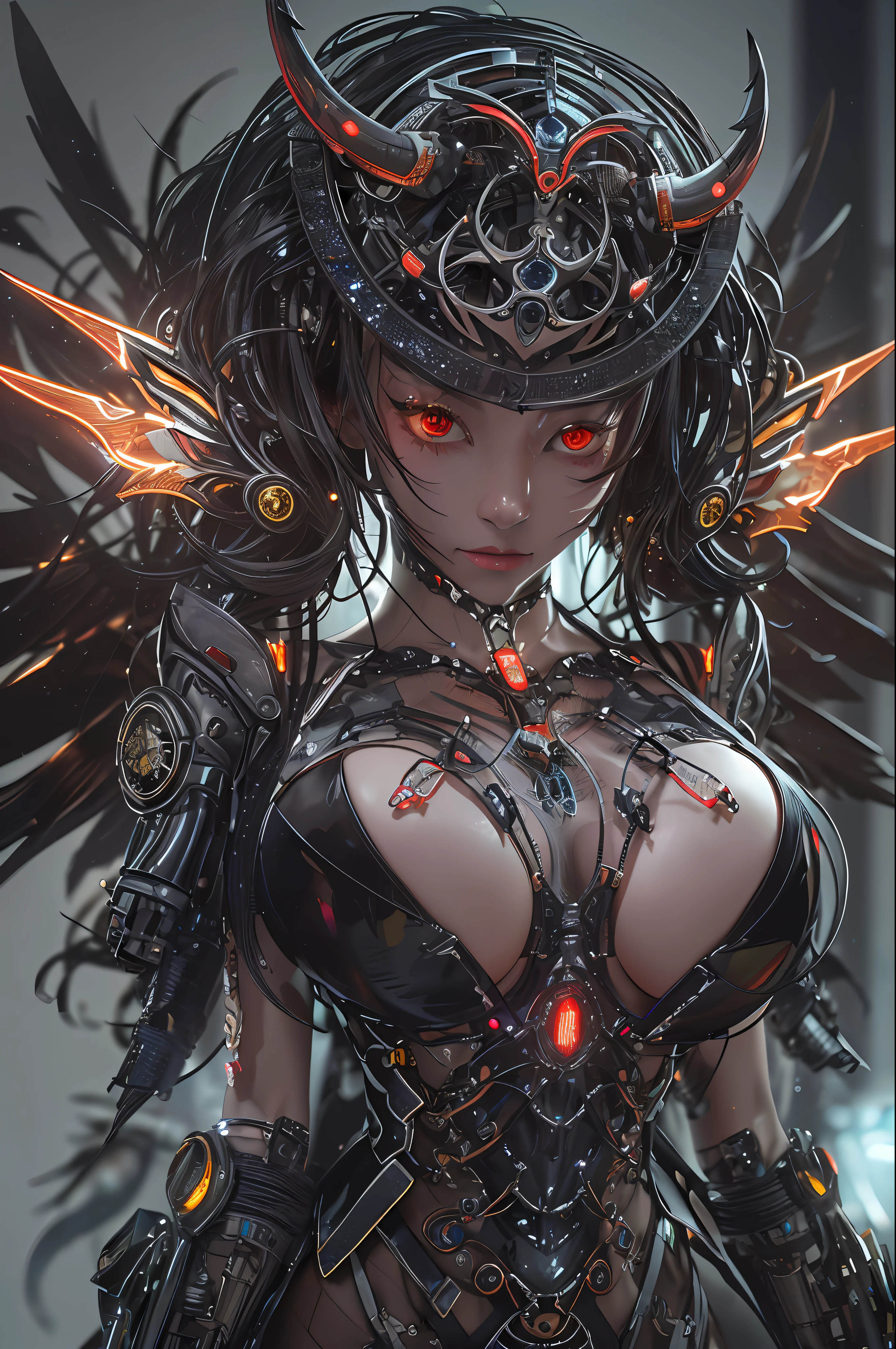 top-quality、masterpiece、超A high resolution、(Photorealsitic:1.4)、Raw photo、女の子1人、Black hair、glowy skin、1 Machine Devil、large metal wings、Metal horns、((super realistic details))、portlate、globalillumination、Shadow、octan render、8K、ultrasharp、Colossal tits、Raw skin is exposed in cleavage、Black fiberglass body、Details of intricate gilded ornaments、About Cyberpunk、Glowing LEDs、IC chips、Data Links、Hydraulic cylinder、highly intricate detail、Realistic light、Red Eyes、radiant eyes、Facing the camera、neon details、Mechanical limbs、blood vessels connected to tubes、Mechanical vertebrae attached to the back、mechanical cervical attaching to neck、cowboy shot、Wires and cables connecting to the head、Luminous tube、Small LED lamp、Sumerian details、