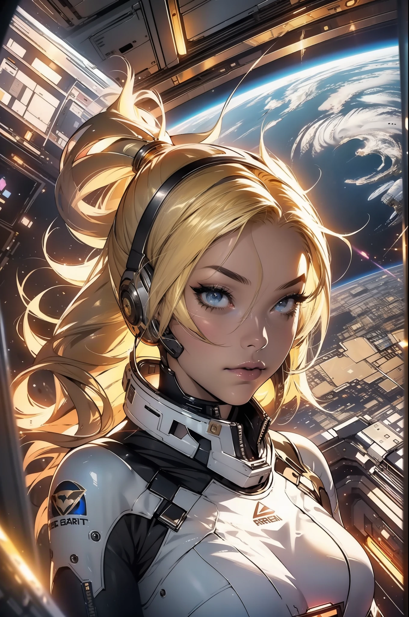 A bombshell blond with perfect body in a space station floating with the earth in background
