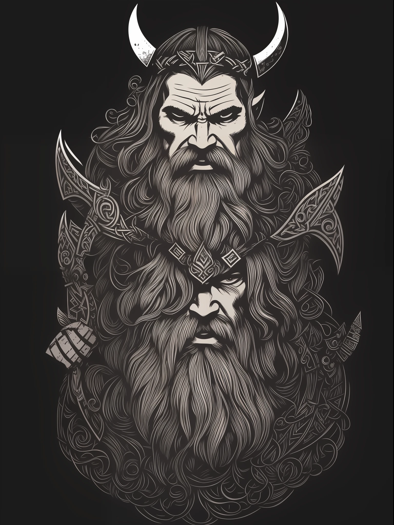viking man, t-shirt art, 2D, ((black background :1, 5)), vector, vivid colors, masterpiece, best quality, intricate details, perfect symmetrical face, realistic details, gothic theme, rim light, moonlight, cinematic shading, Greg Rutkowisk