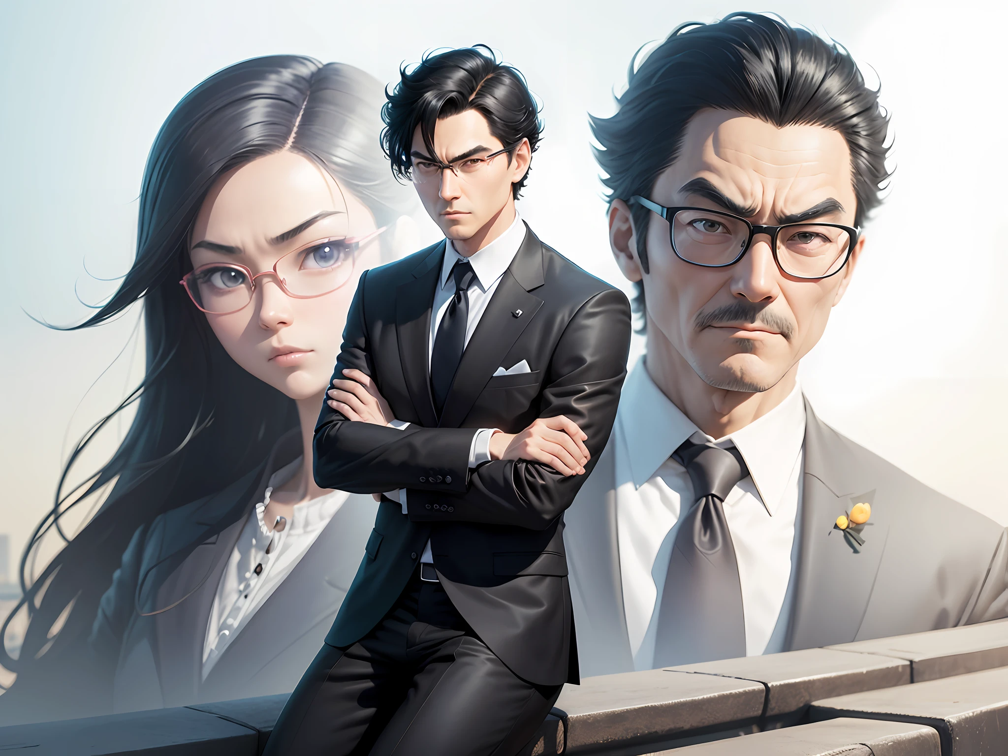 Man in suit,Thoughtful black hair,Sit within a meter of Tokyo for professional photos,4K ,3D character design by Mark Clairen and Pixar and Hayao Miyazaki and Akira Toriyama,The illustration is a high-definition illustration in 4K resolution,With very detailed facial features and cartoon-style visuals。 --auto --s2
