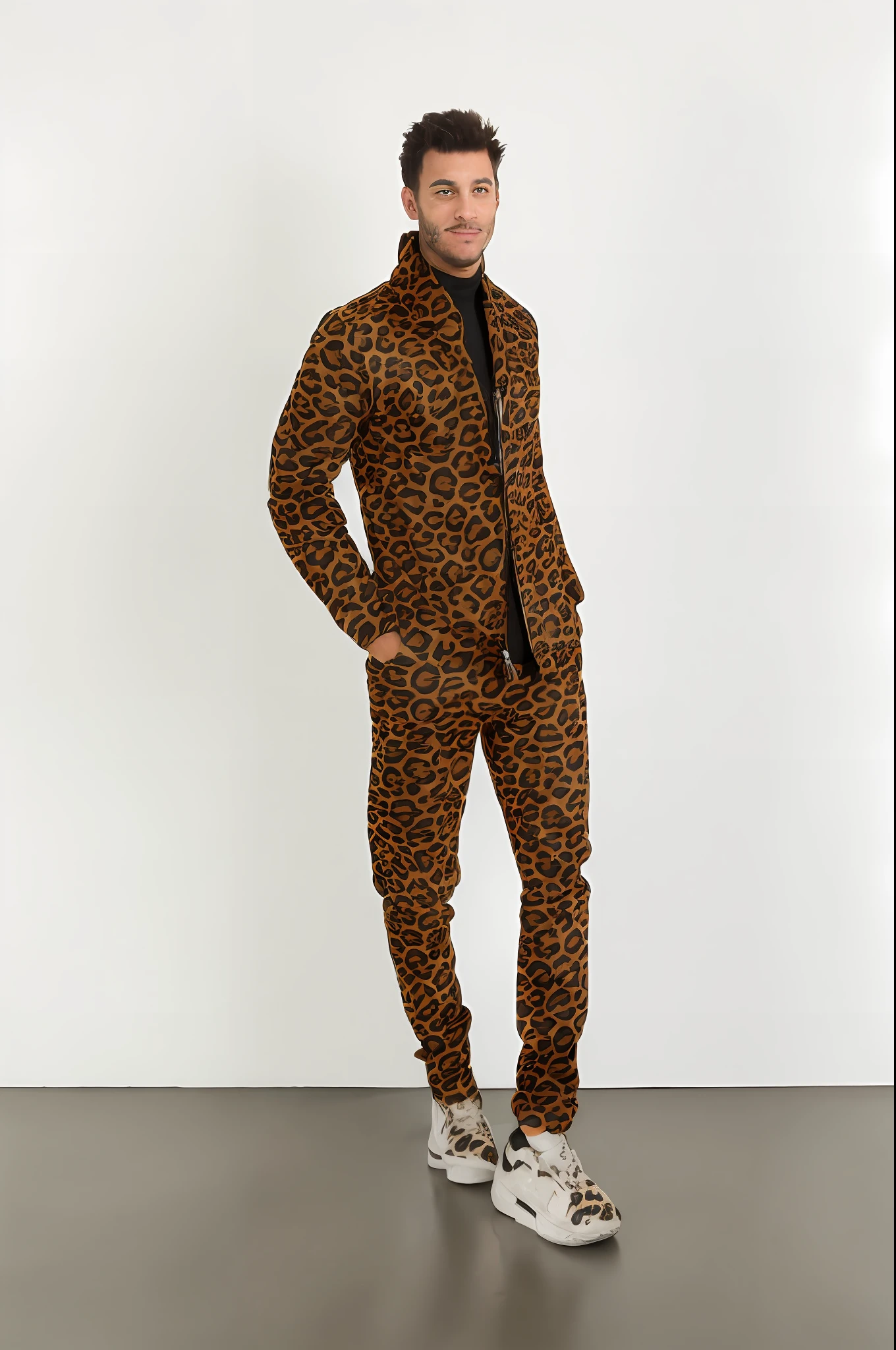 Arafed woman in leopard print jacket and pants standing in a room, roupa estampa de leopardo, wearing futuristic suit with jaguar print, modelo usa jaqueta puffer, Issey Miyake, technical suit, inspired by Salomon by Abbé, pelagem inchada reflexiva, off - white collection, Helmut Lang, inspirado em Cornelis de Man, inspirado em Jean-Yves Couliou (roupa com estampa de leopardo){{{Pele de leopardo por Alexportes}}}