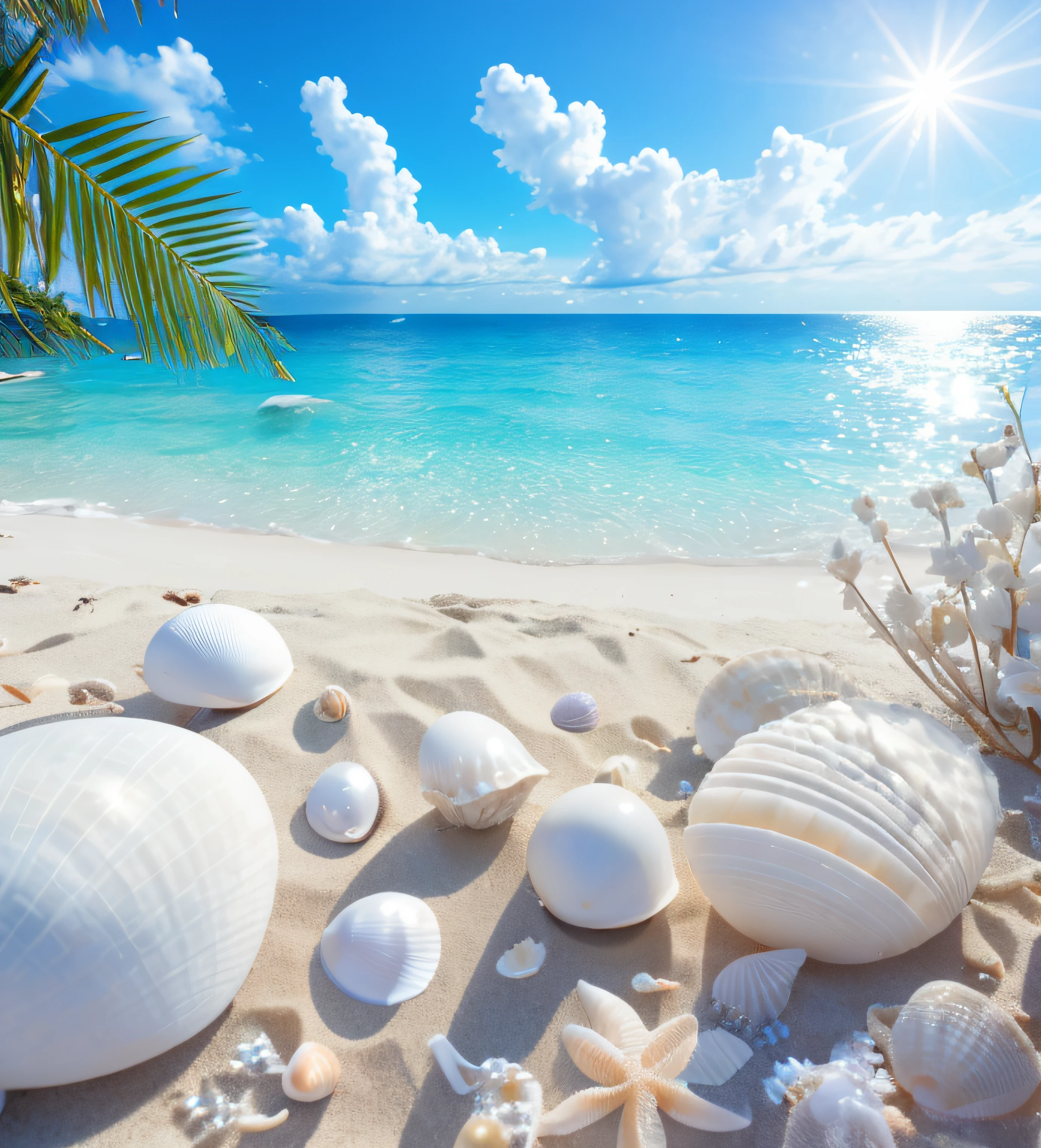 delicate scene, sky,white clouds,and sunlight shine, white beach. flowers roses and shiny large shells, diamond crystal, on the beach, fantasy, sky night , moon, smoke , photo, HD, 8K , realistic, HD,  intricate, 8k, highly detailed,fun, sharp focus,