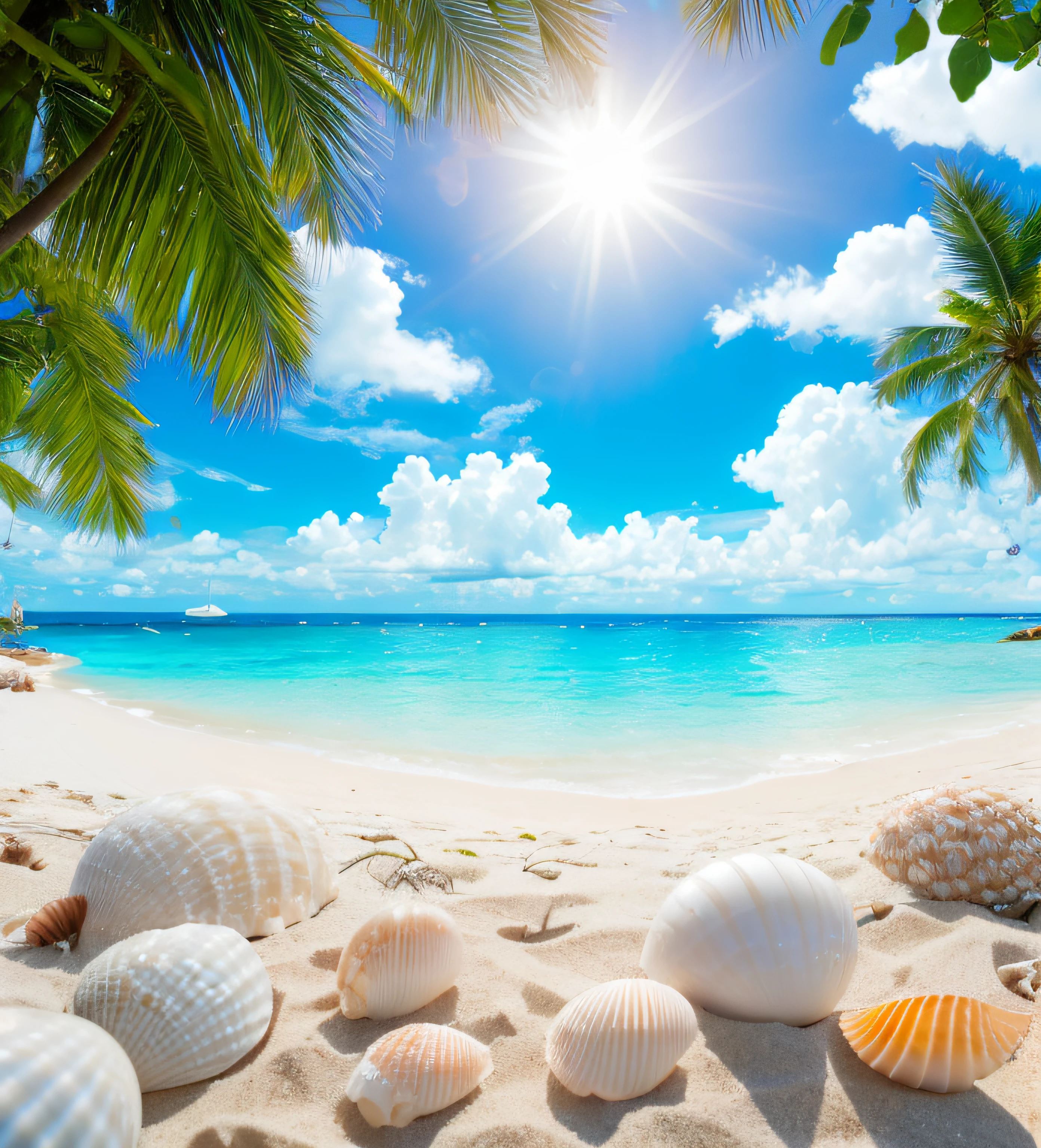 delicate scene, sky,white clouds,and sunlight shine, white beach. flowers roses and shiny large shells, diamond crystal, on the beach, fantasy, sky night , moon, smoke , photo, HD, 8K , realistic, HD, intricate, 8k, highly detailed,fun, sharp focus,