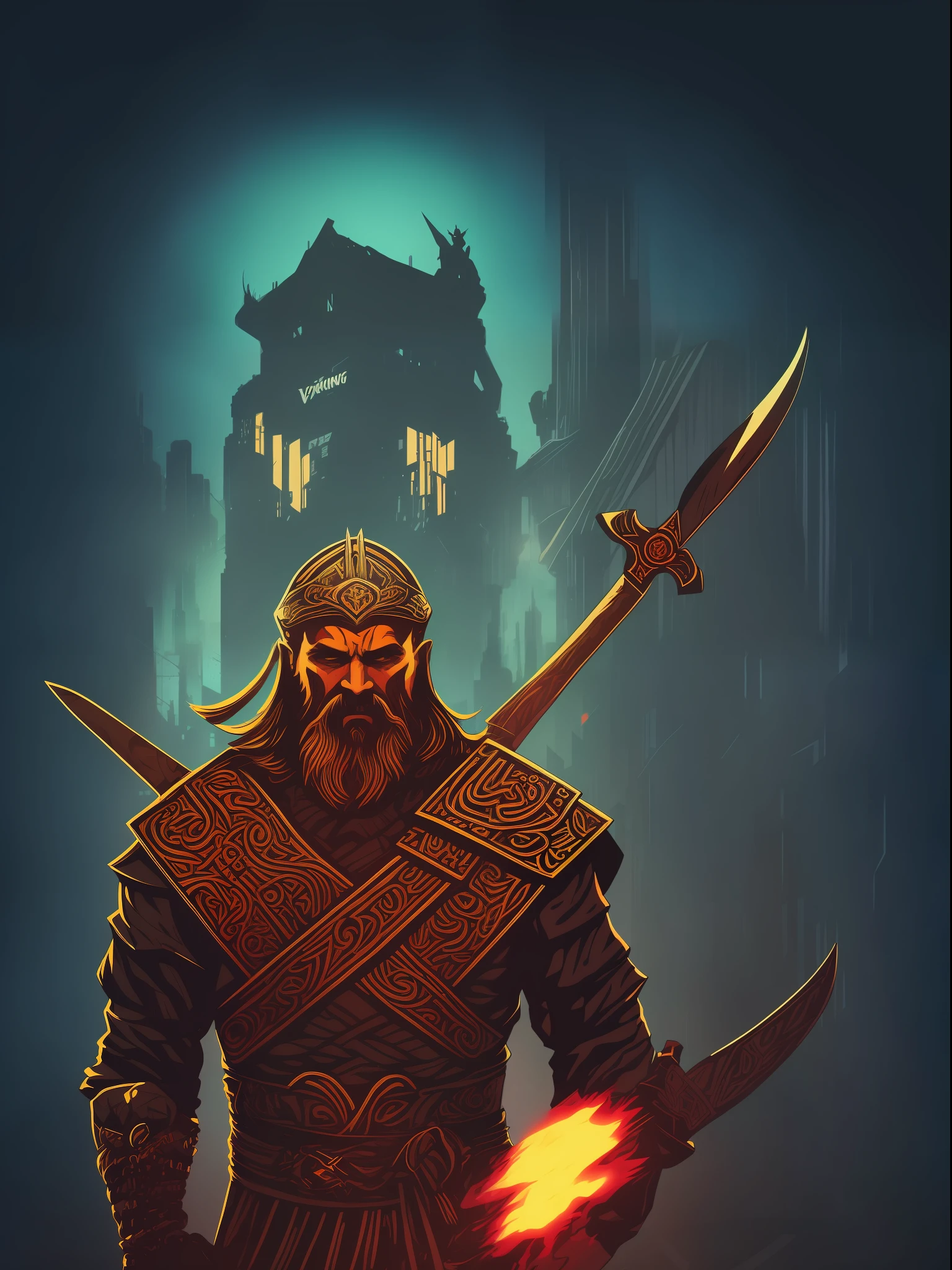 viking man, 2D t-shirt art, Cyberpunk, epic illustration, vector, 2d illustration, black background, very colorful, full gradient modern colors, Focused, front view