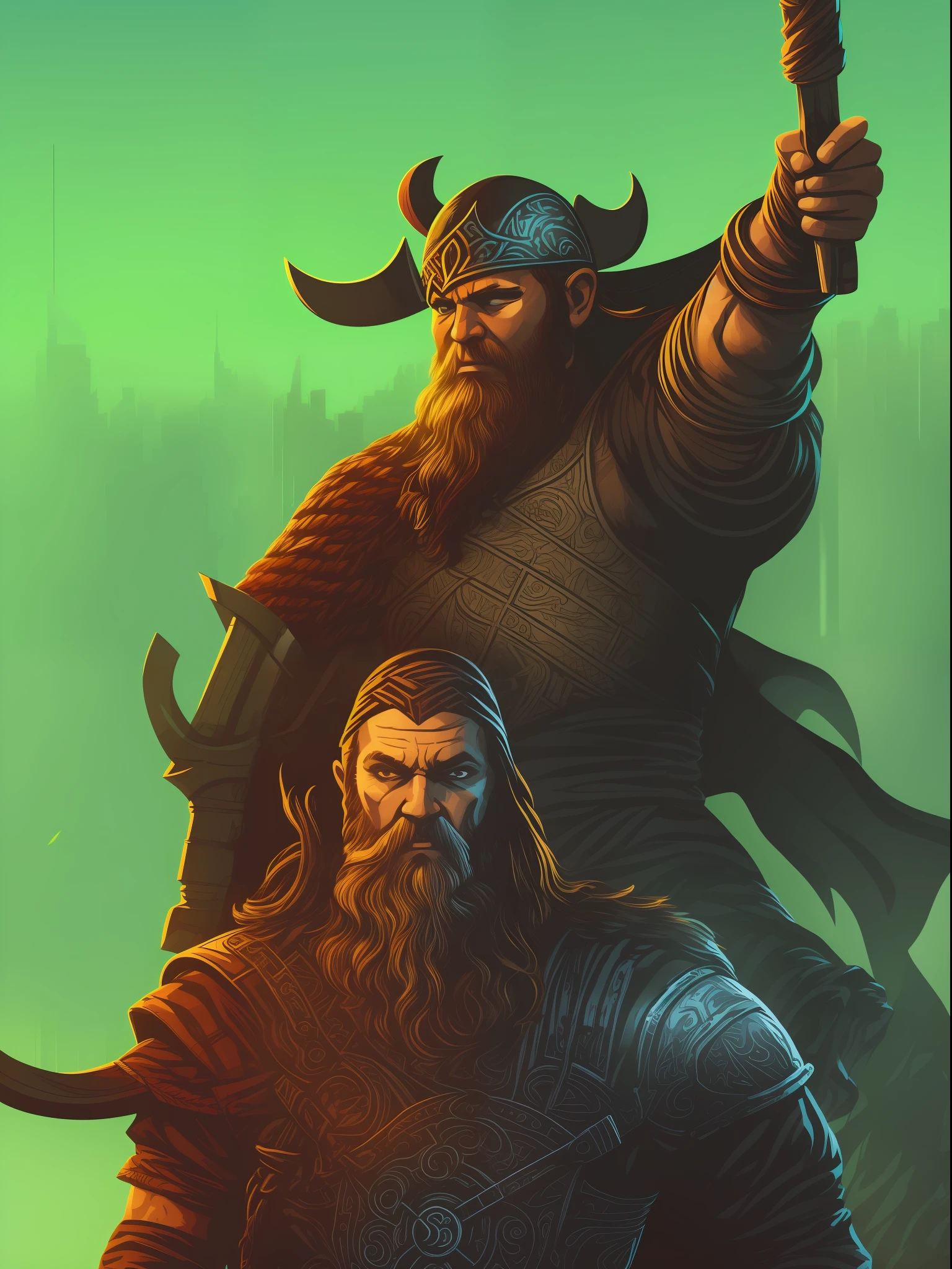 viking man, 2D t-shirt art, Cyberpunk, epic illustration, vector, 2d illustration, black background, very colorful, full gradient modern colors, Focused, front view