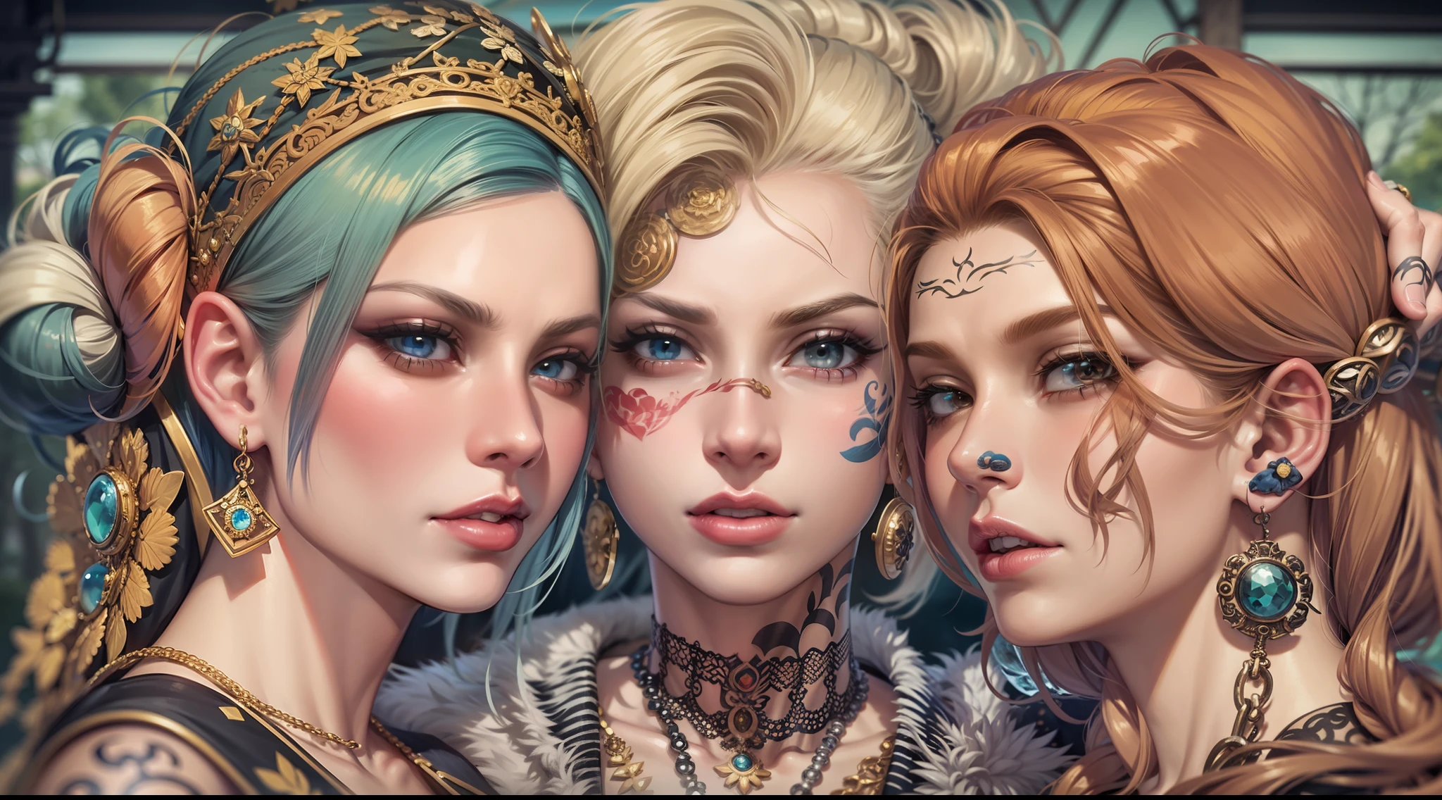 Punk-rococo-tattoo-ukiyo-e style. A selfie of some very pretty young Nordic-looking women. They are wearing an urban style, with necklaces, chains, thick rings, colorful hairstyles and modified military clothing with colorful patches. They are in a park right next to a paved area. Extreme realism, insane detail, intricate composition, cinematic quality, perfect photography, sublime colors.