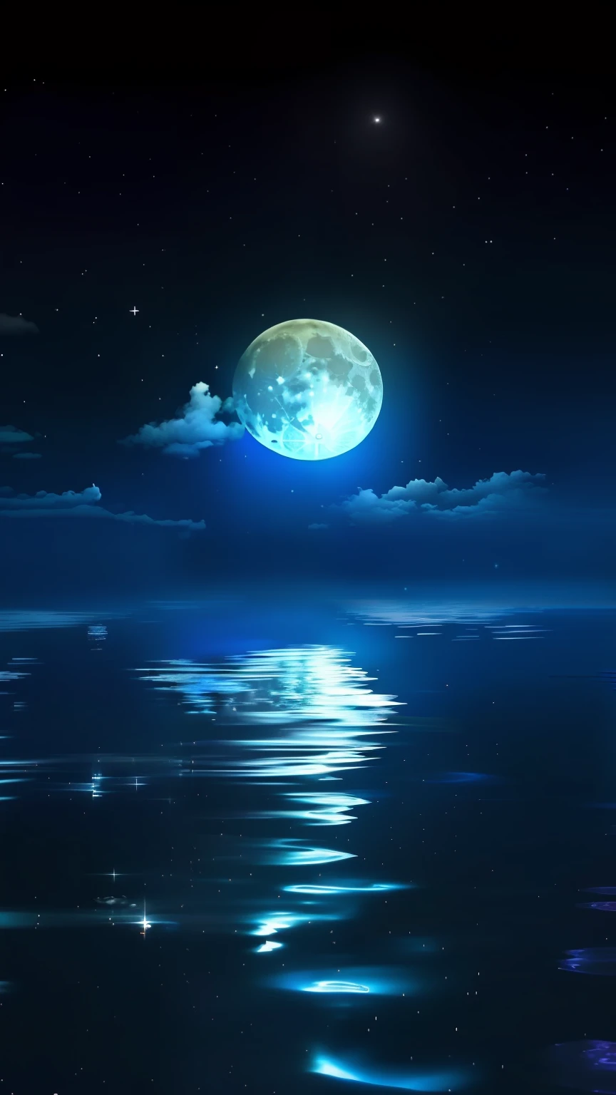 A full moon is shining on the water and the stars are shining, luar azul, lindo luar, bela noite de luar, Moon reflecting in water, ☁🌪🌙👩🏾, luar azul suave, luz azul da lua, The Moon reflects on the water, big moon above the water, float under moon light at night, lua azul, luz bonita da lua, luar azulado