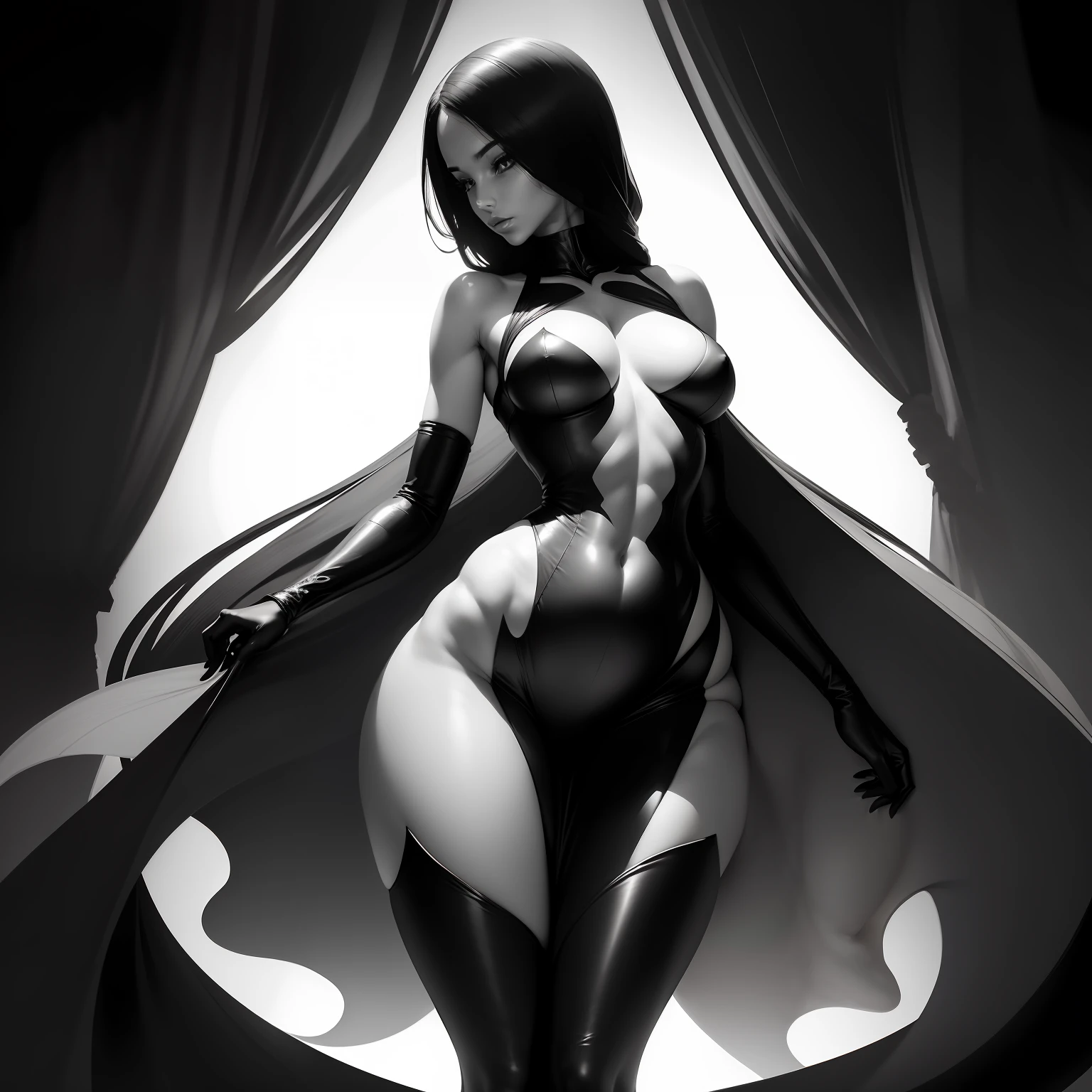 Black and white photograph of a woman in a tight body, The perfect silhouette of the female body, Beautiful silhouette of female body, Slender figure, The woman is curved, poised beautiful body, Graceful body structure, Beautiful figure, Gorgeous face and figure, Tall and slender, beautiful shape of the face and body, Curvaceous. Detailed expression, curves!!, Slender figure