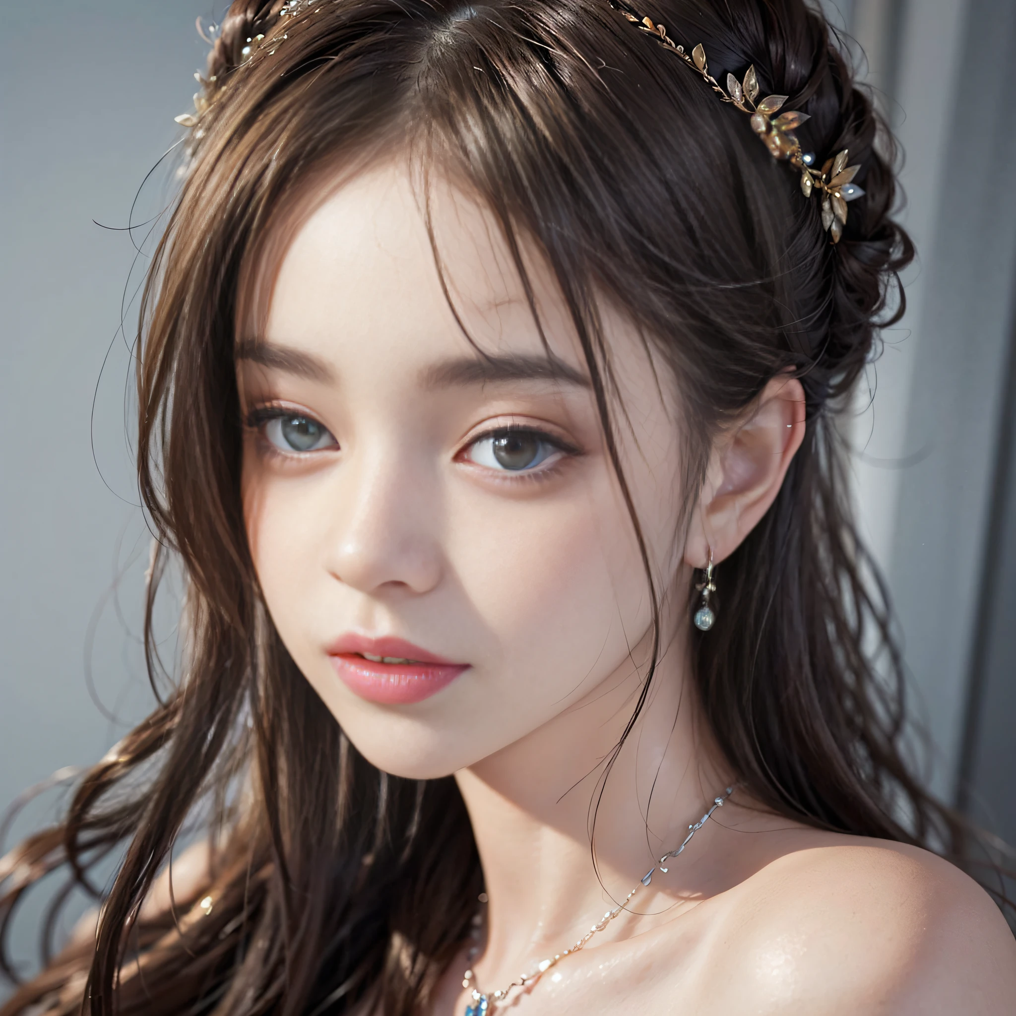 (masterpiece)、(top-quality)、(Realistic)、Charming daughter、Portrait of a beautiful girl、1girl in、Transparent eyes、beautiful finely detailed eyes、Glitter eyes、Glowing eyes、face perfect、Perfect eyes、Perfect iris、Perfect lips、perfect teeth、flawless skin、Beautiful nose、Beautiful mouth、Pretty lips、Fine-grained skin、portrait shooting、Professional artwork、in 8K、Photorealsitic、long-one-piece dress、Elegant face、perfect anatomia、Perfect female body:1.4、Ultra-realistic painting:1.4、Ultra-precision painting:1.4、nffsw:1.4、corporate offices、Raw photography、a necklace、耳Nipple Ring、goddes、Fantastical、