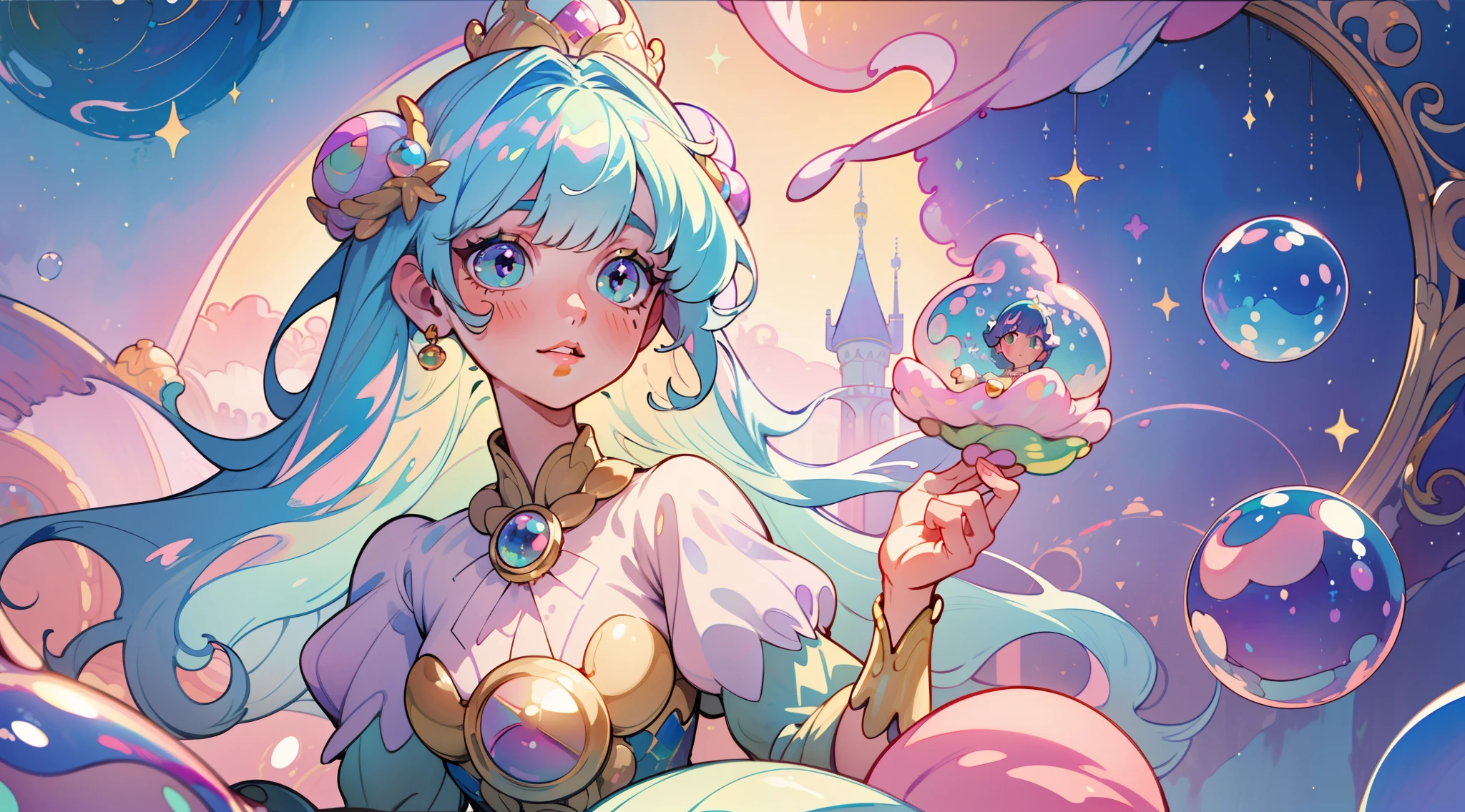 masterpiece, best quality, 8k resolution, sharp focus, intricate detail, beautiful girl, sparkling eyes, golden ratio face, otherworldly liquid, watercolor, ((pastel colors)), bright colors, whimsical, colorful, sharp focus, high resolution, fine detail, princess fantasy ballgown, ((round eyes)), iridescent bubbles, castle landscape in background