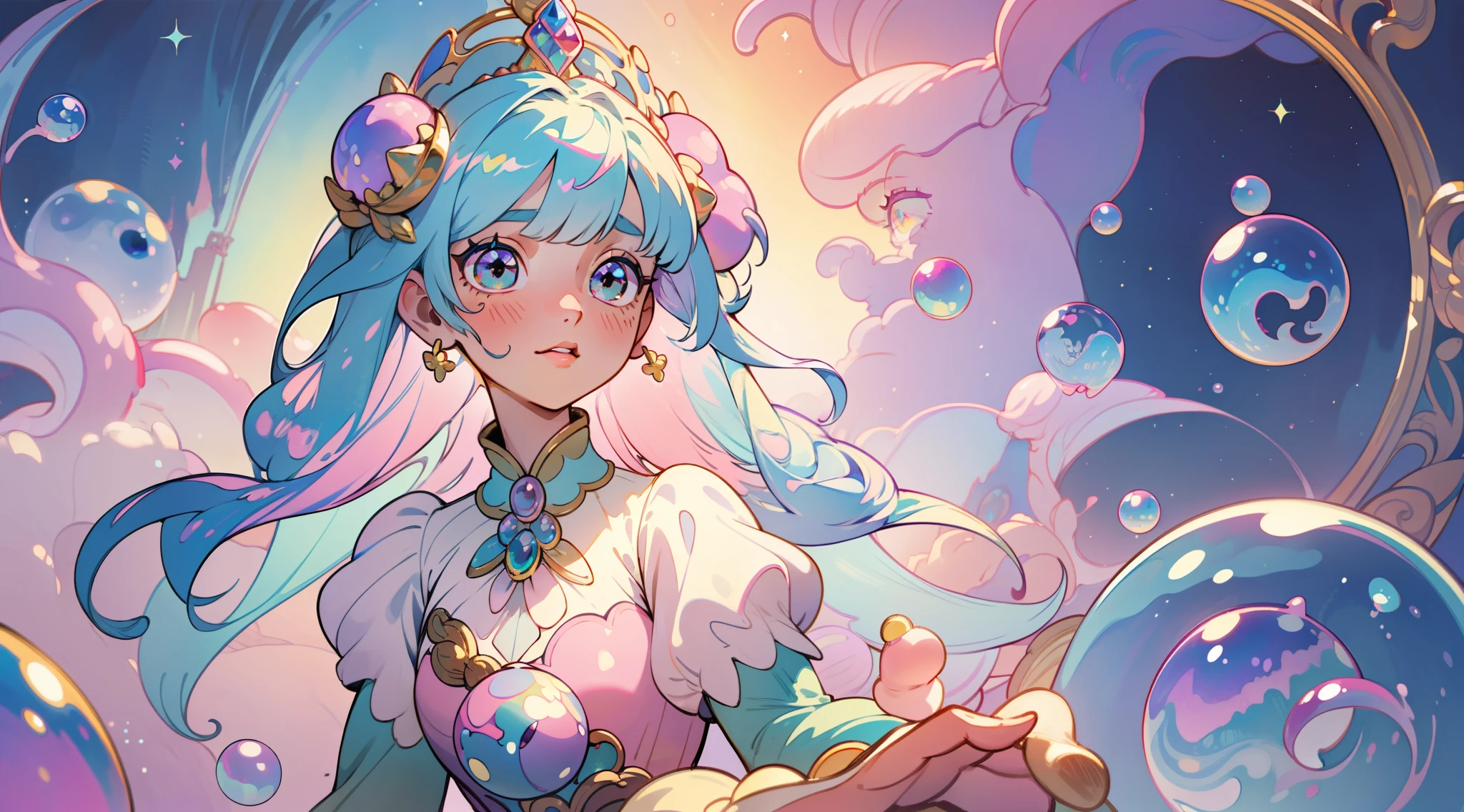 masterpiece, best quality, 8k resolution, sharp focus, intricate detail, beautiful girl, sparkling eyes, golden ratio face, otherworldly liquid, watercolor, ((pastel colors)), bright colors, whimsical, colorful, sharp focus, high resolution, fine detail, princess fantasy ballgown, ((round eyes)), iridescent bubbles, castle landscape in background