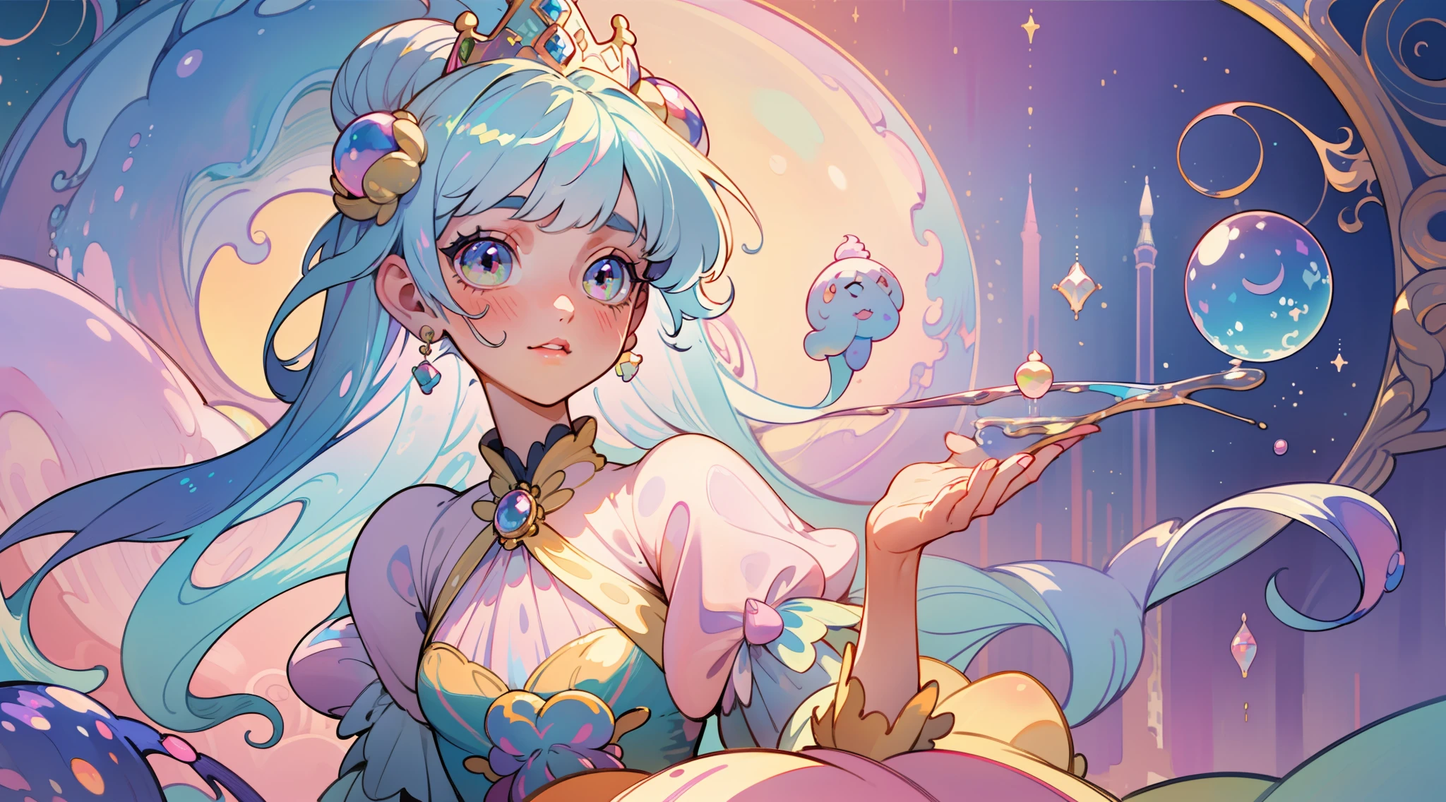 masterpiece, best quality, 8k resolution, sharp focus, intricate detail, beautiful girl, sparkling eyes, golden ratio face, otherworldly liquid, watercolor, ((pastel colors)), bright colors, whimsical, colorful, sharp focus, high resolution, fine detail, princess fantasy ballgown, ((round eyes)), iridescent bubbles, castle landscape in background