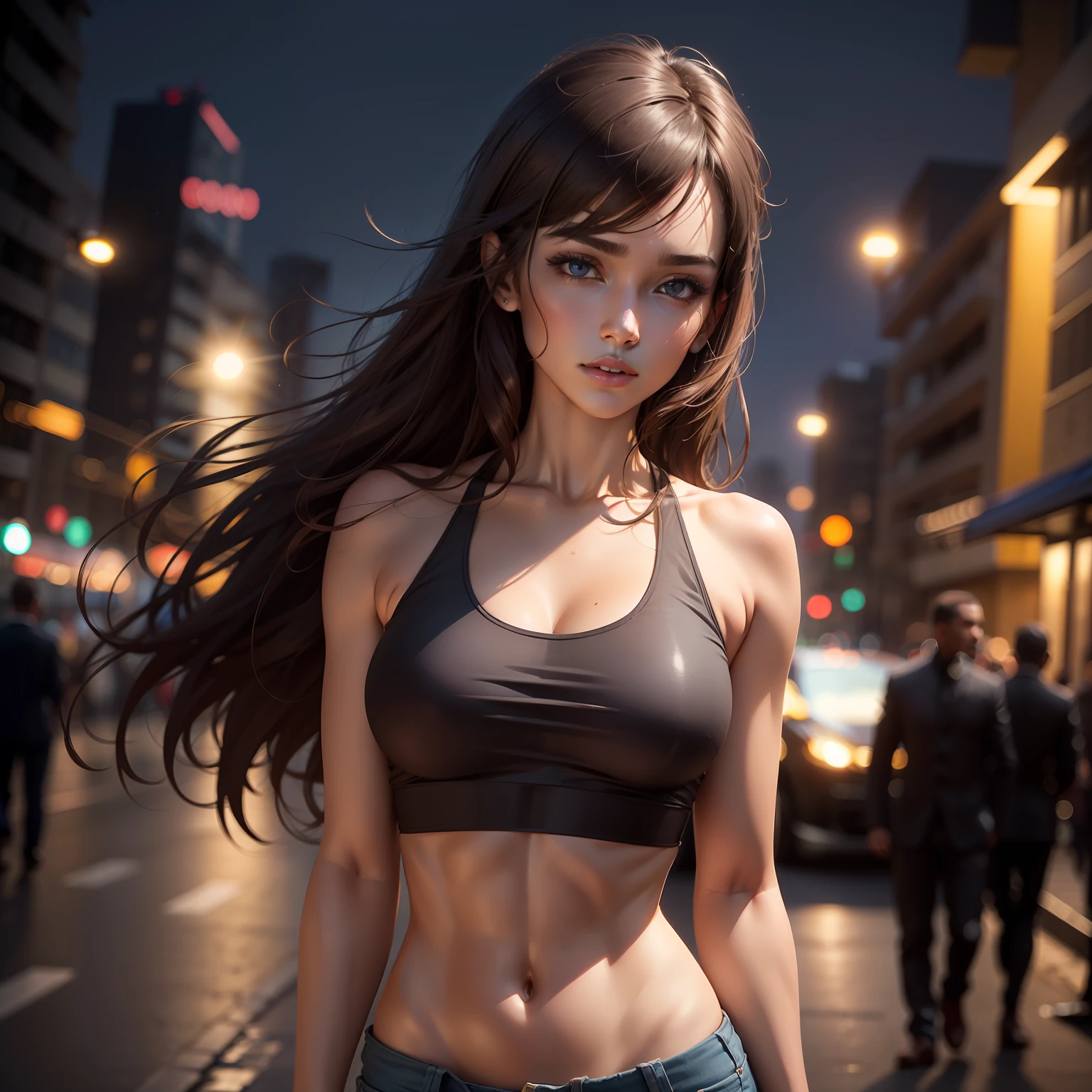 ((Realistic lighting, Best quality, 8K, Masterpiece: 1.3)), Clear focus: 1.2, 1girl, Perfect Figure: 1.4, Slim Abs: 1.1, ((Dark brown hair)), (White crop top: 1.4), (Outdoor, Night: 1.1), Addis ababa City streets, Super fine face, Fine eyes, Double eyelids,