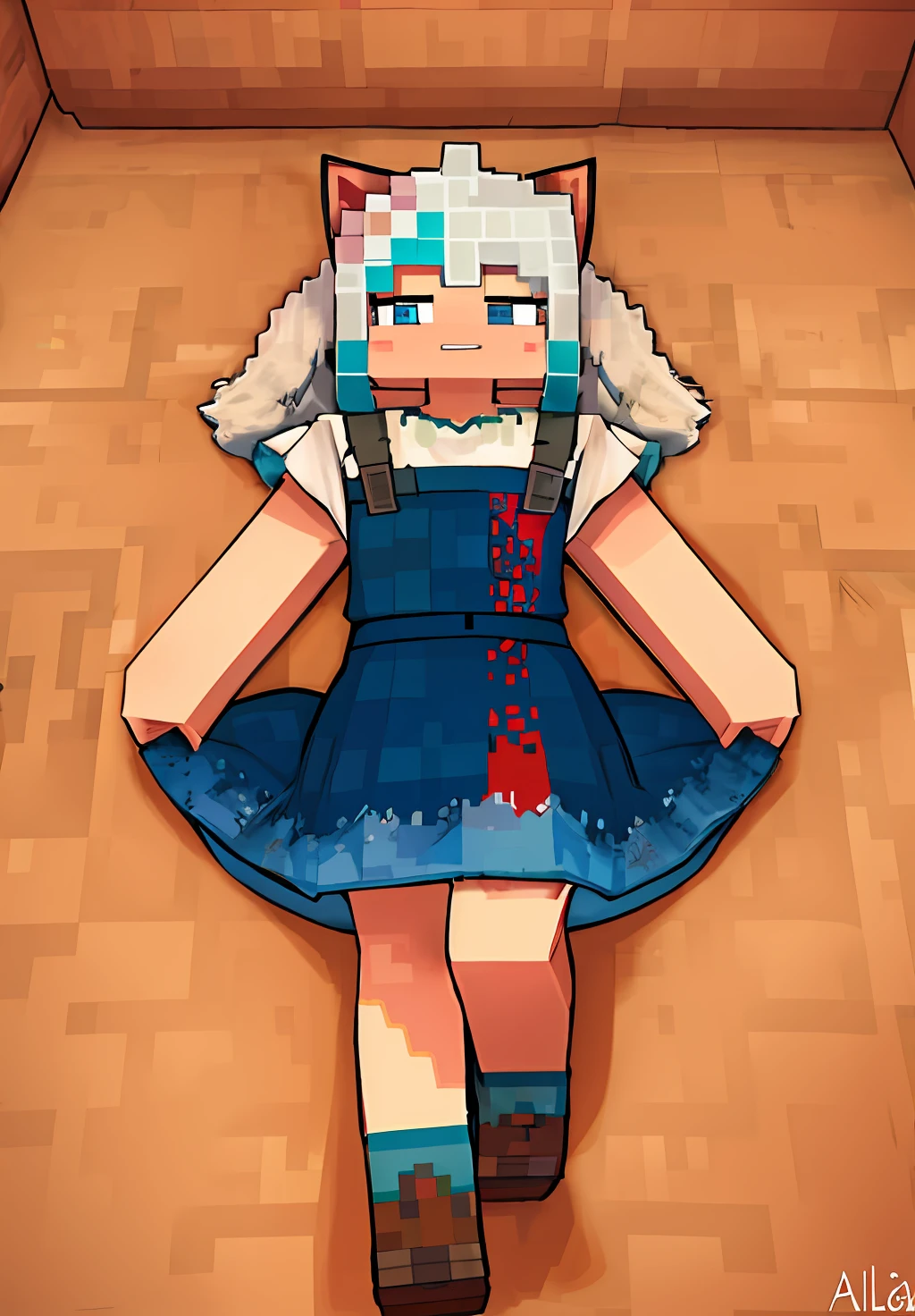 gura_neko, vestido azul, orejas de gato, cola de caballo lateral, minecraft, obra maestra, alta calidad, highres,