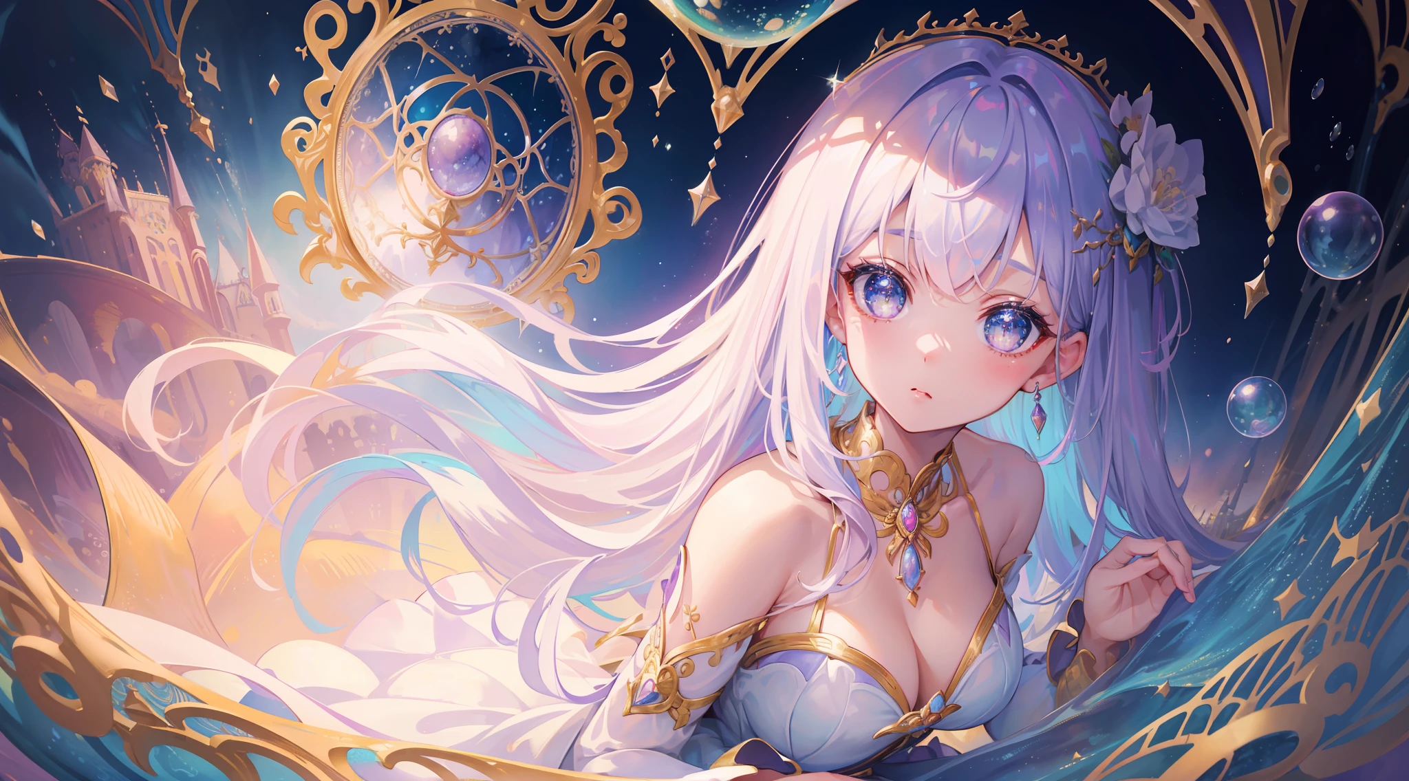 masterpiece, best quality, 8k resolution, sharp focus, intricate detail, beautiful girl, sparkling eyes, golden ratio face, otherworldly liquid, watercolor, ((pastel colors)), bright colors, whimsical, colorful, sharp focus, high resolution, fine detail, princess fantasy ballgown, ((round eyes)), iridescent bubbles, castle landscape in background