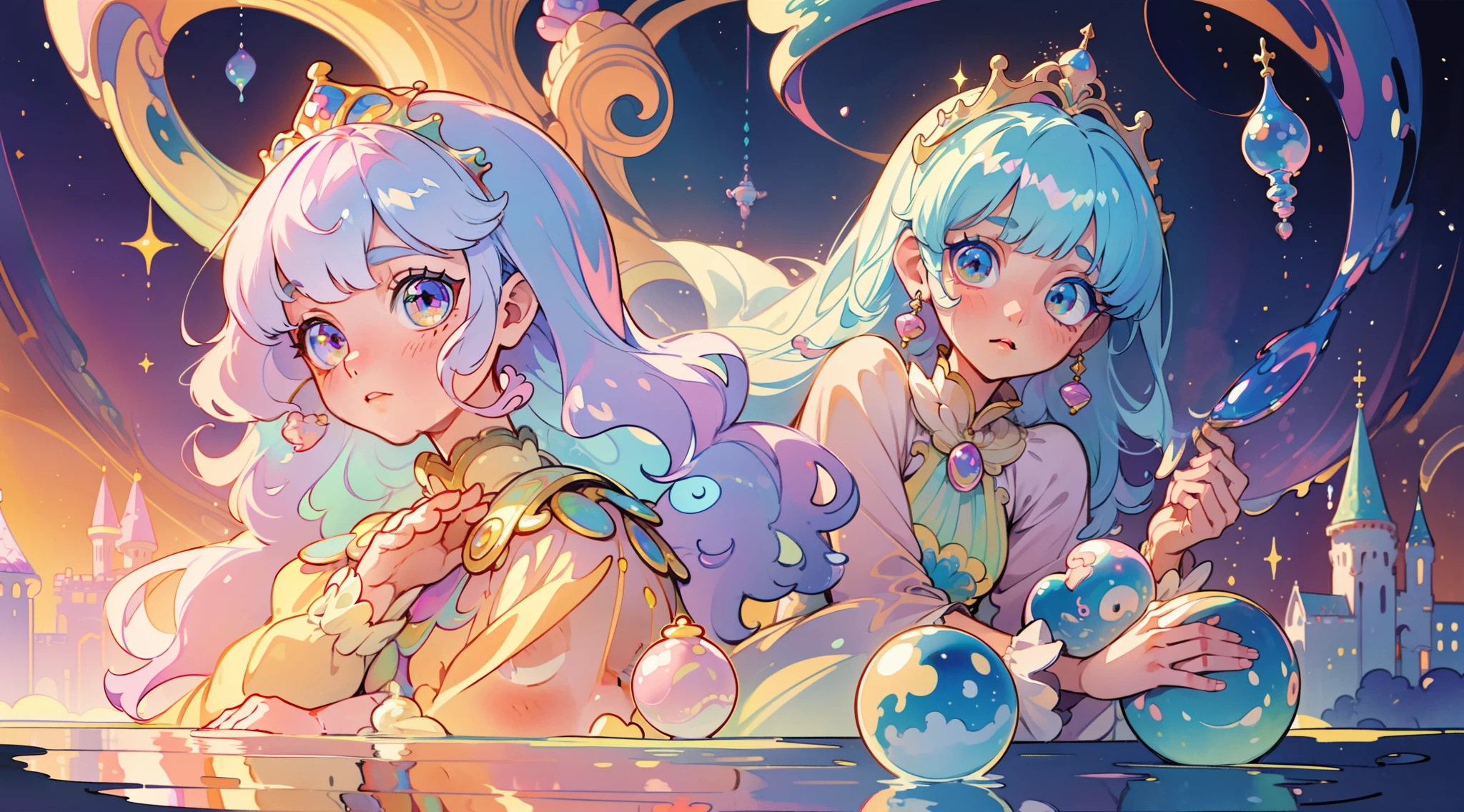 masterpiece, best quality, 8k resolution, sharp focus, intricate detail, beautiful girl, sparkling eyes, golden ratio face, otherworldly liquid, watercolor, ((pastel colors)), bright colors, whimsical, colorful, sharp focus, high resolution, fine detail, princess fantasy ballgown, ((round eyes)), iridescent bubbles, castle landscape in background
