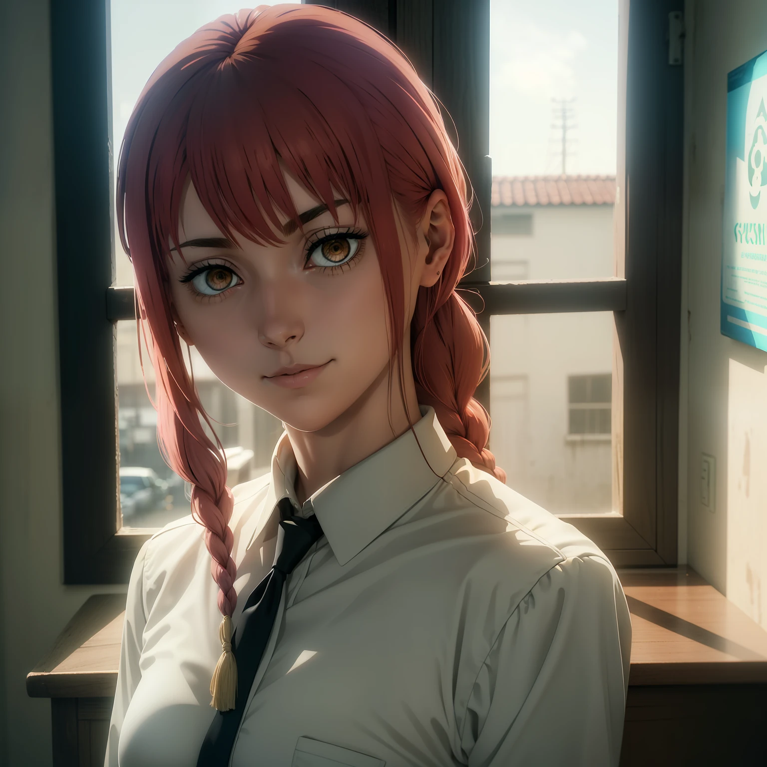 (melhor qualidade), (obra-prima), (highres), (profundidade de campo), perfect lighting, menina extremamente detalhada, rosto extremamente detalhado, 1 menina, belos olhos detalhados, corpo inteiro, (olhando para o espectador), (foco afiado) makima \(chainsaw man\), cabelos ruivos, long braid hair, olhos dourados, franja, middlebreasts, camisa branca, gravata solta, gravata desamarrada, olhos brilhantes, olhos redemoinhos, sorriso pequeno, (fundo escuro, correntes:1.3), segurando corrente, mal, sangue no rosto,