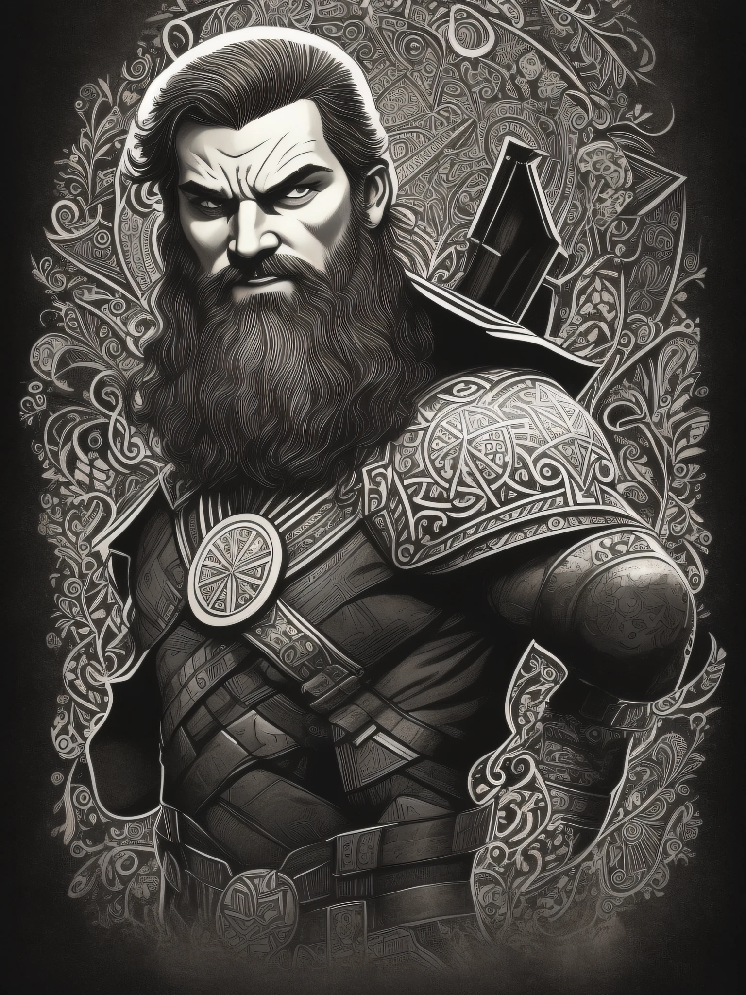 Mjölnir, arte da camiseta, 2D, ((fundo preto: 1, 5)), vetor, cores vivas, obra-prima, melhor qualidade, detalhes intrincados, perfect symmetrical face, detalhes realistas, gothic theme, luz de aro, luar, cinematic shading, Greg Rutkowisk