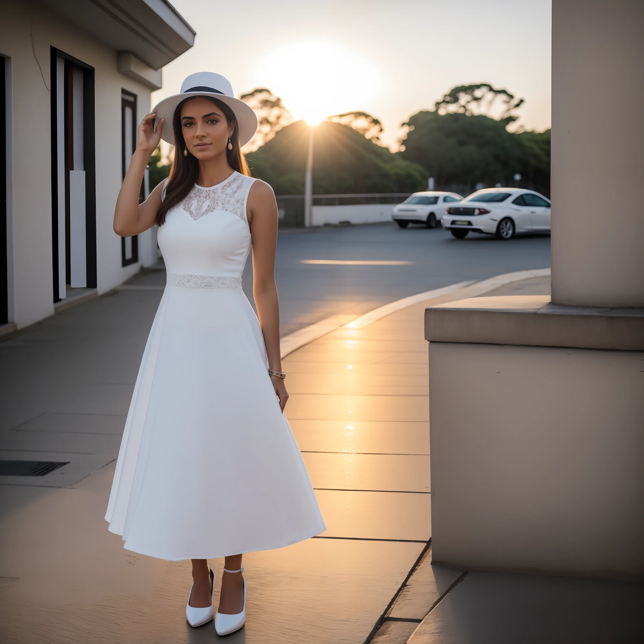 Mulher loira, magra, alta, vestido branco, 30 anos, white hat, on sidewalk, imagem urbana, por do sol, hora dourada, olhos azuis, sapato alto, olhar misterioso, cabelos longos, ulra realista,  4k, lente 85mm f 1.2, canon