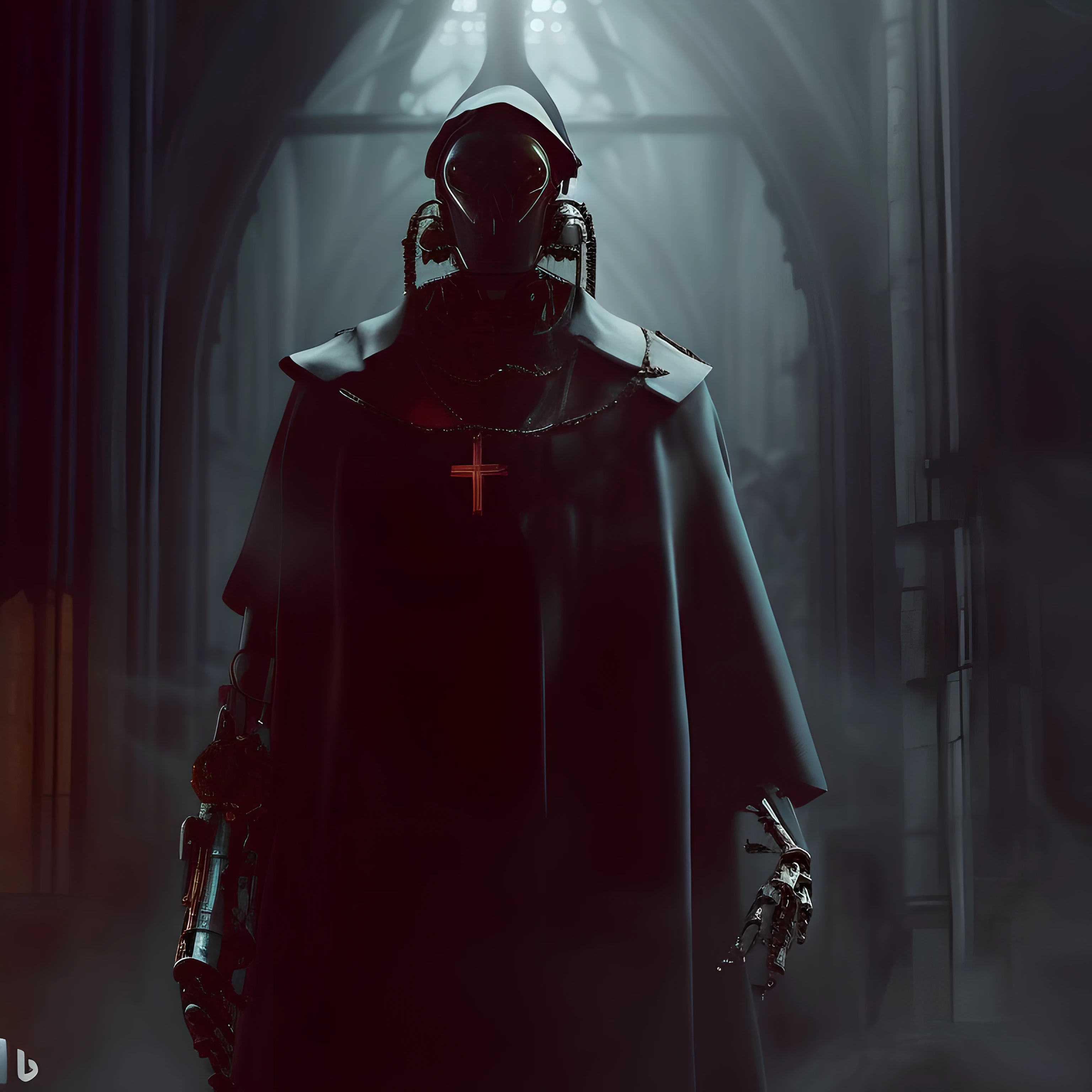 Image of a sinister robot in a dark cassock and crucifix in a Gothic cathedral, Cyberpunk ortodoxo, gothic - cyberpunk, inside a dystopian gothic, desonrado inspirado, arte conceitual escura fotorrealista, estilo desonrado, Inspirado Sci Vitoriano - Fi, robot bishop guards, cyberpunk sombrio, steel inquisitor from mistborn, Wojtek FUS, cyberpunk fantasia sombria, catedral cyberpunk